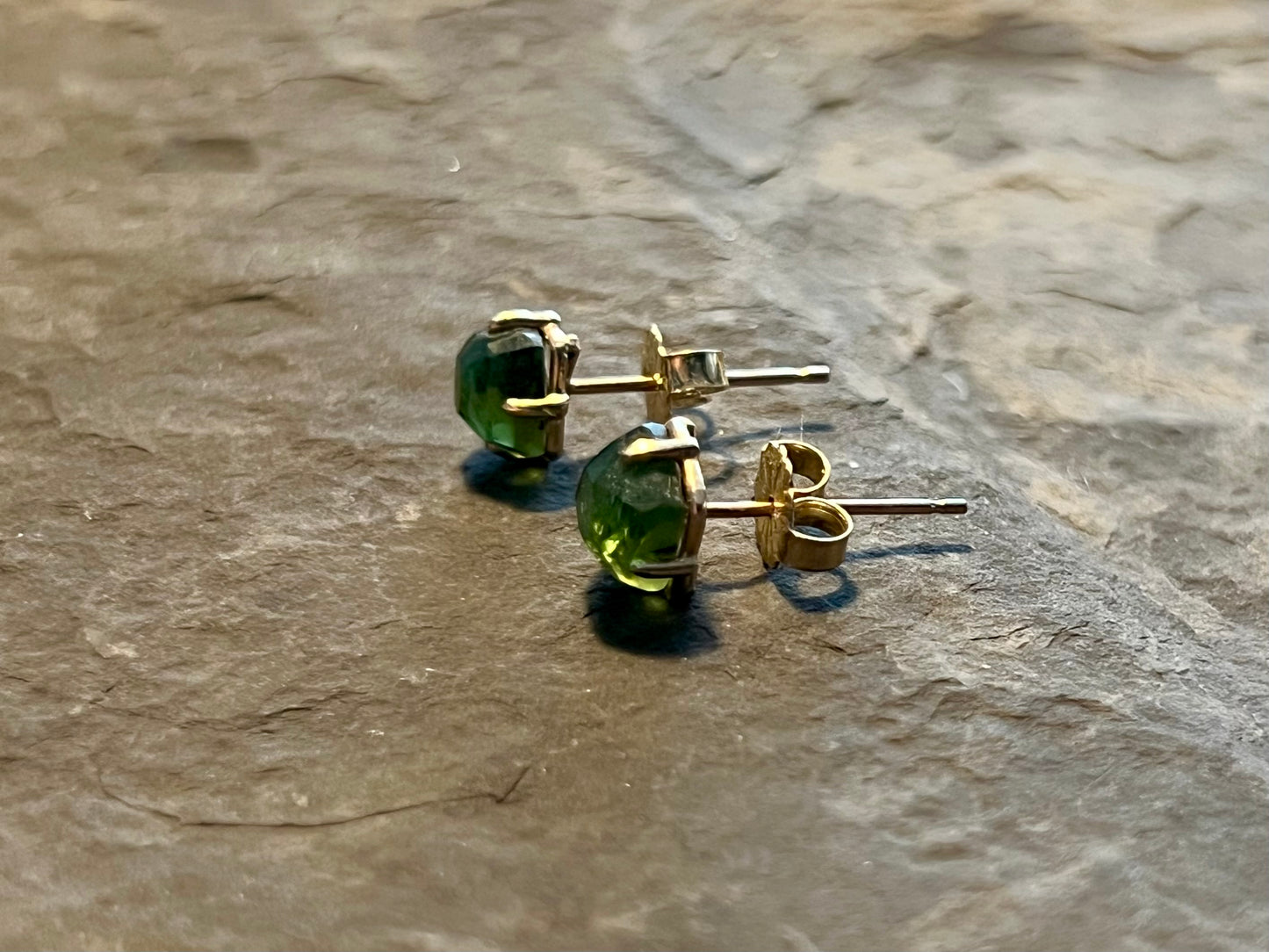 Green Tourmaline Rustic Rose Cut 14K Stud Earrings - Minimalist Earrings