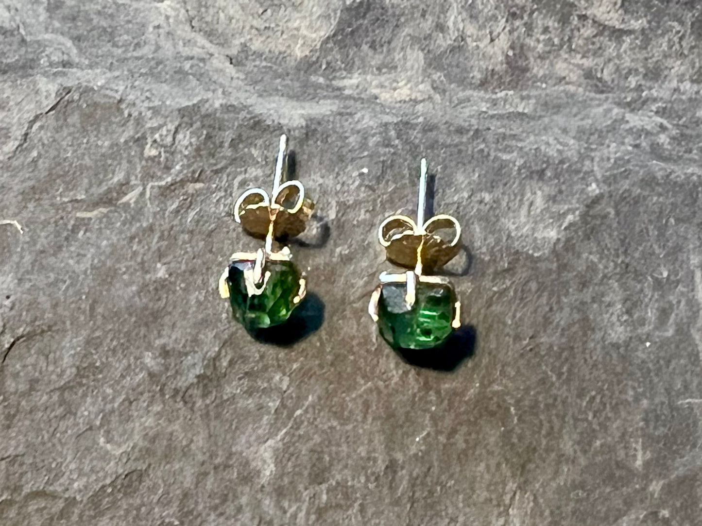 Green Tourmaline Rustic Rose Cut 14K Stud Earrings - Minimalist Earrings