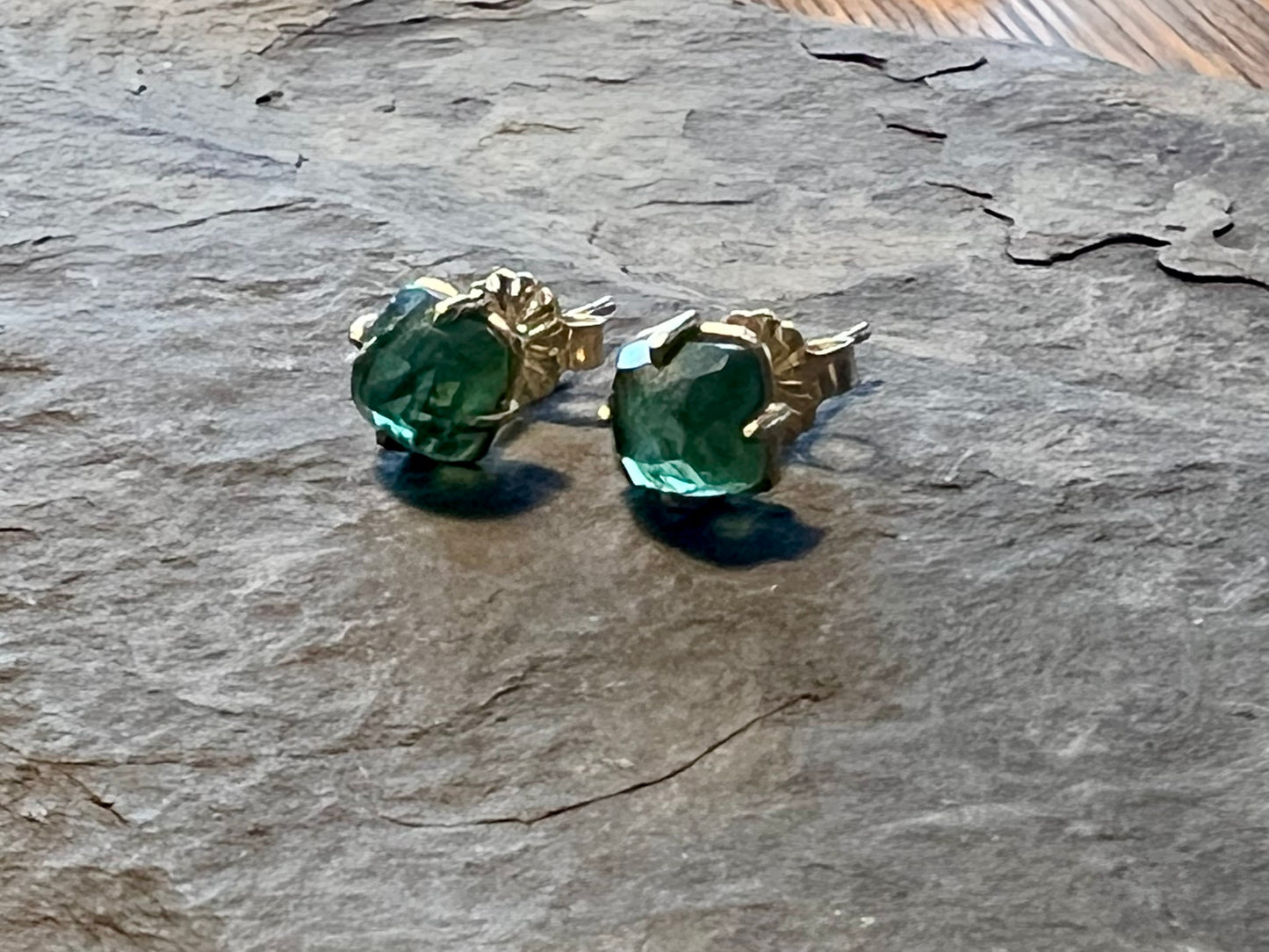 Green Tourmaline Rustic Rose Cut 14K Stud Earrings - Minimalist Earrings