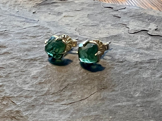 Green Tourmaline Rustic Rose Cut 14K Stud Earrings - Minimalist Earrings