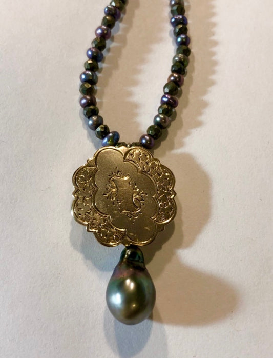 Upcycled Hand Engraved Gold Broach Pendant Necklace