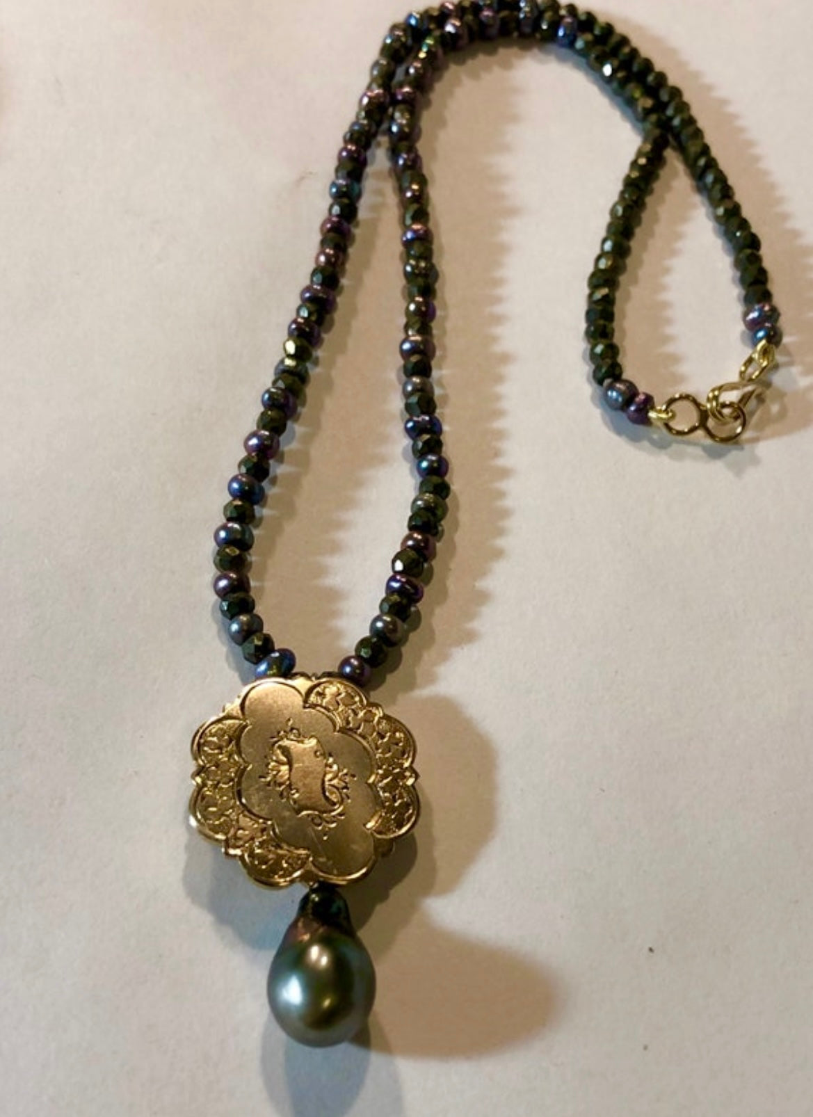 Upcycled Hand Engraved Gold Broach Pendant Necklace