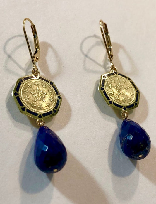 Upcycled Edwardian 14K Cuff Link Earrings with Lapis