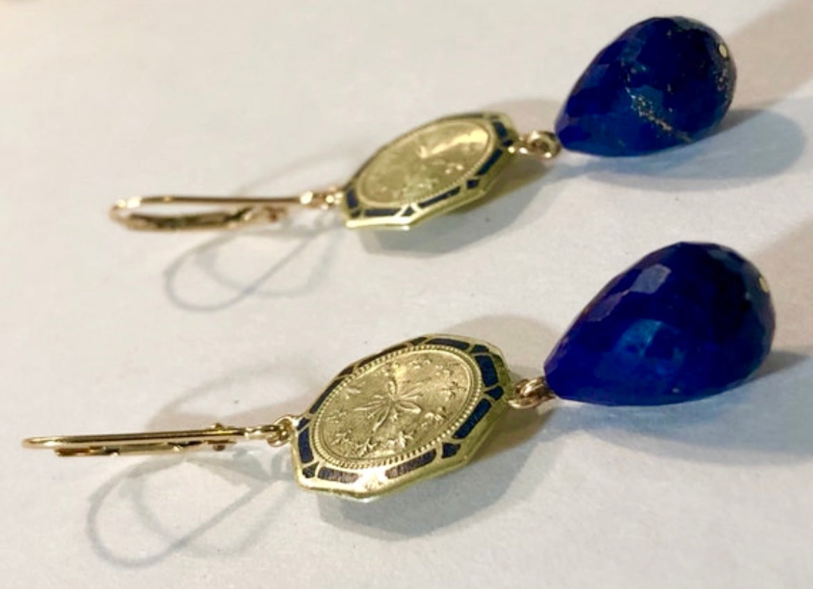 Upcycled Edwardian 14K Cuff Link Earrings with Lapis