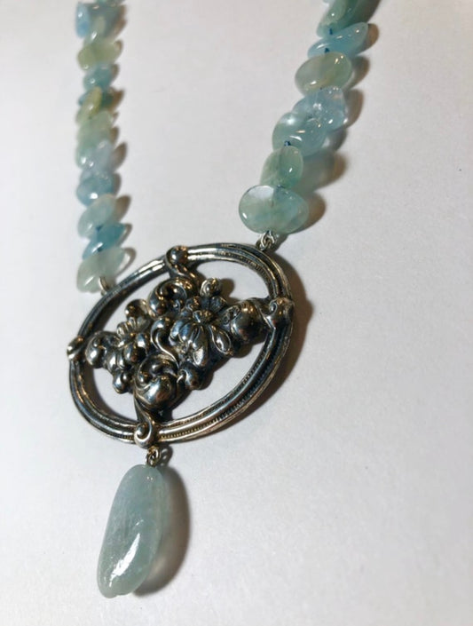 Upcycled Sterling Floral Aquamarine Pendant Necklace