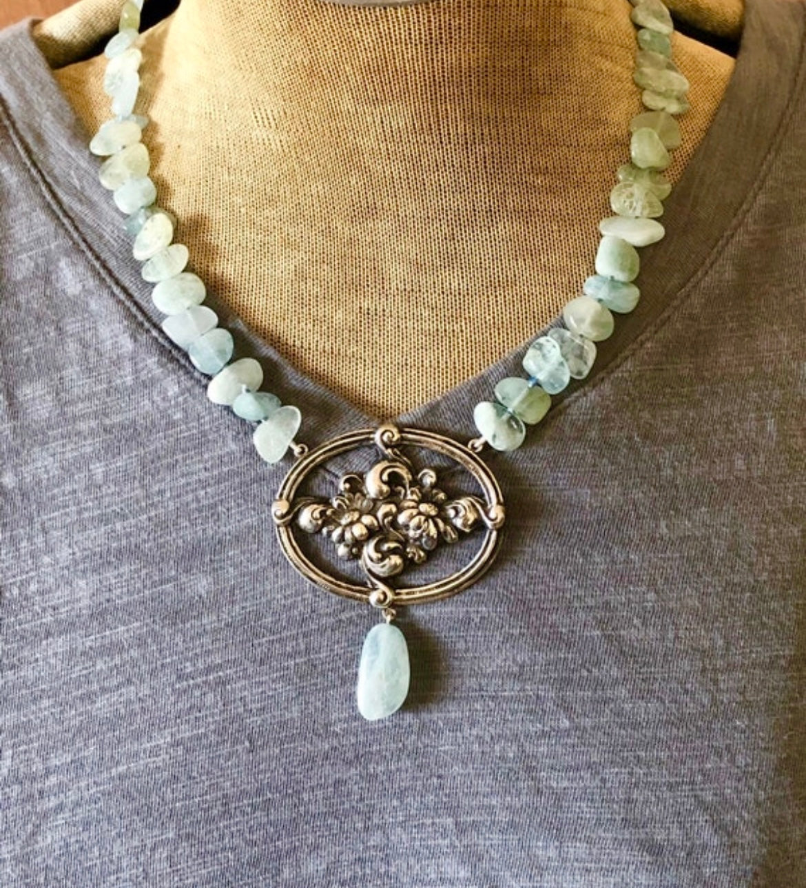 Upcycled Sterling Floral Aquamarine Pendant Necklace