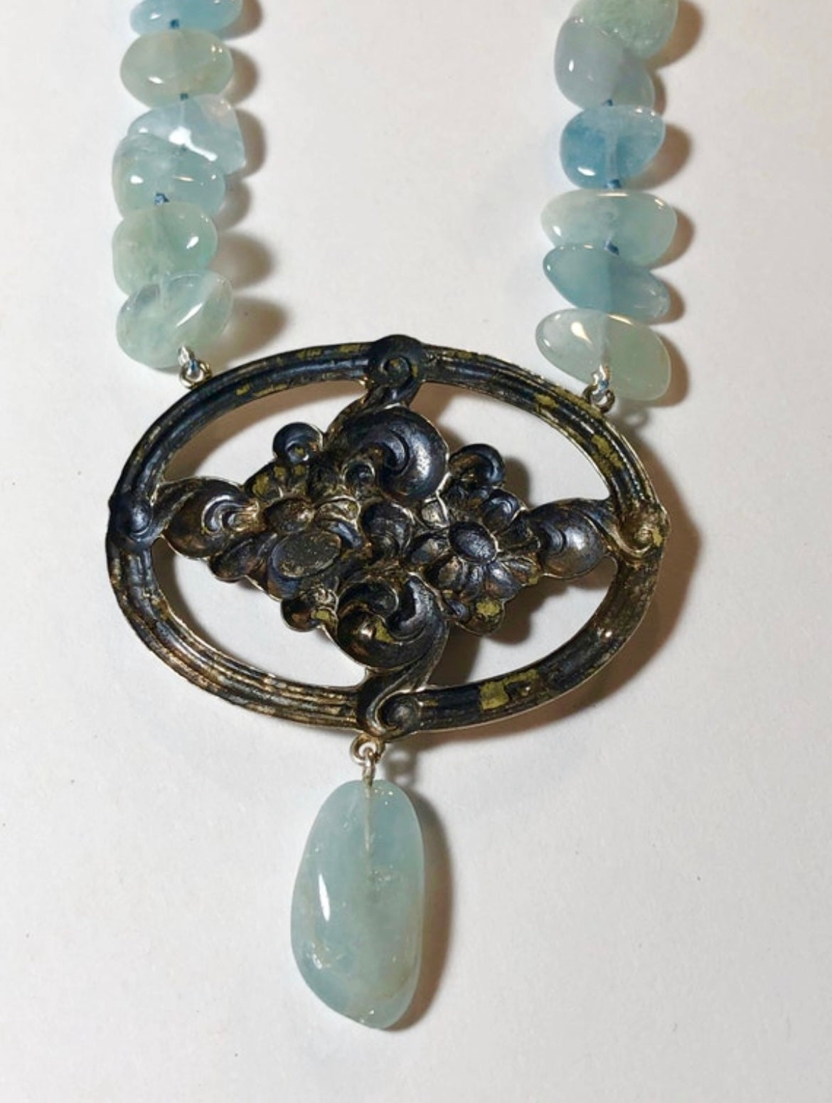 Upcycled Sterling Floral Aquamarine Pendant Necklace