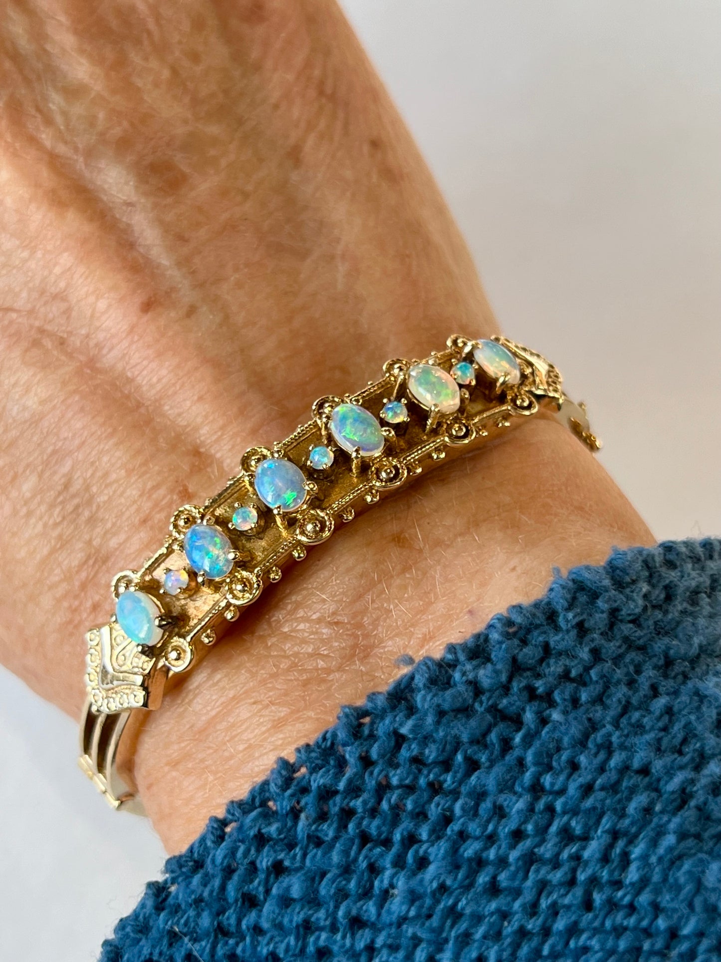 Estate Victorian Etruscan Revival 14K Blue Opal Bracelet