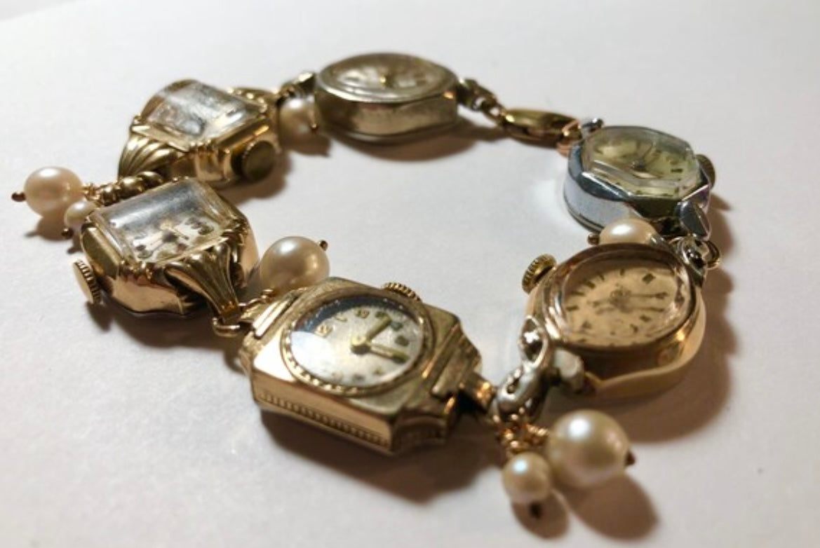 Upcycled White Rabbit Vintage Watch & Pearl Bracelet