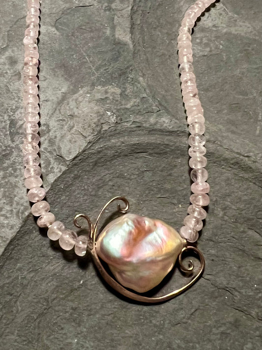 Forged Wave Rose Gold Morganite & Keshi Pearl - One of a Kind Necklace