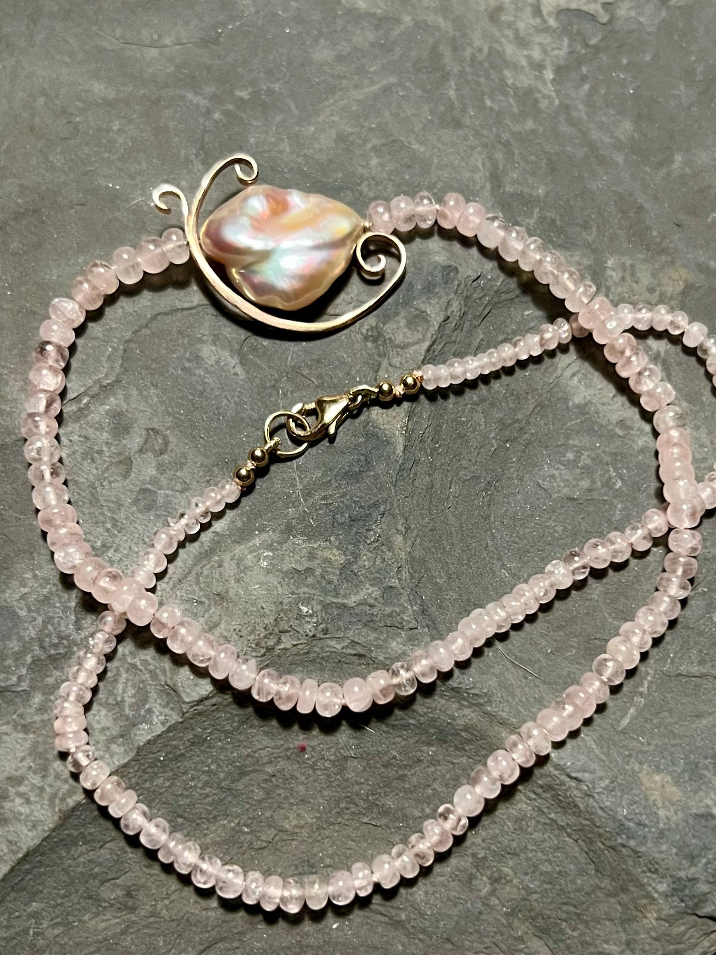 Forged Wave Rose Gold Morganite & Keshi Pearl - One of a Kind Necklace