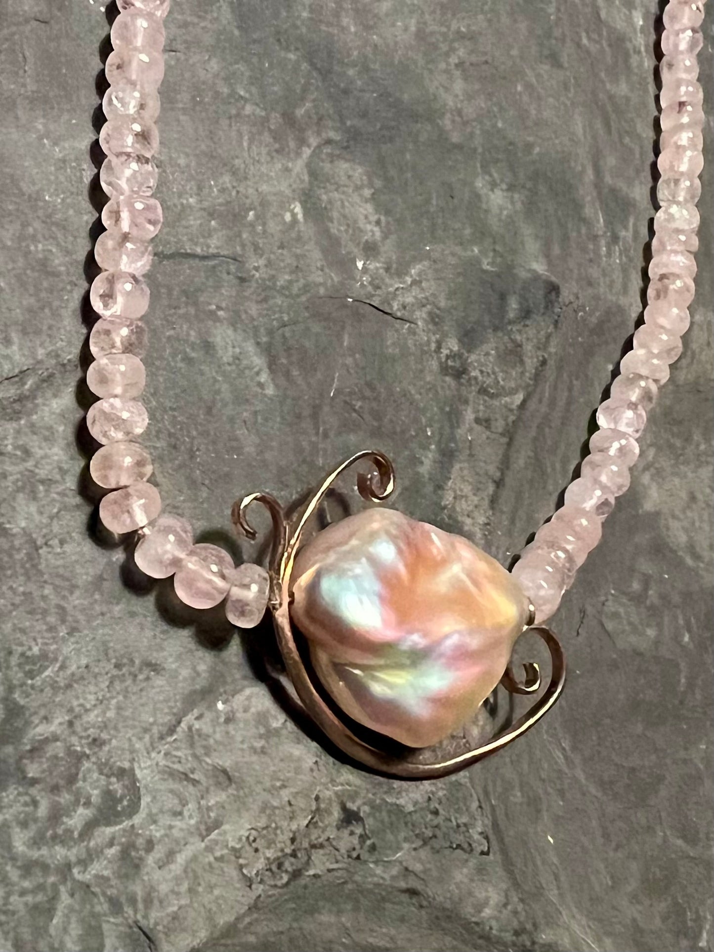 Forged Wave Rose Gold Morganite & Keshi Pearl - One of a Kind Necklace