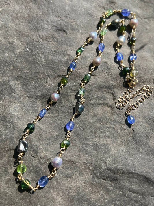 Wild Violet Strand - One of a Kind Necklace- 14K Tourmaline Tanzanite Pearl