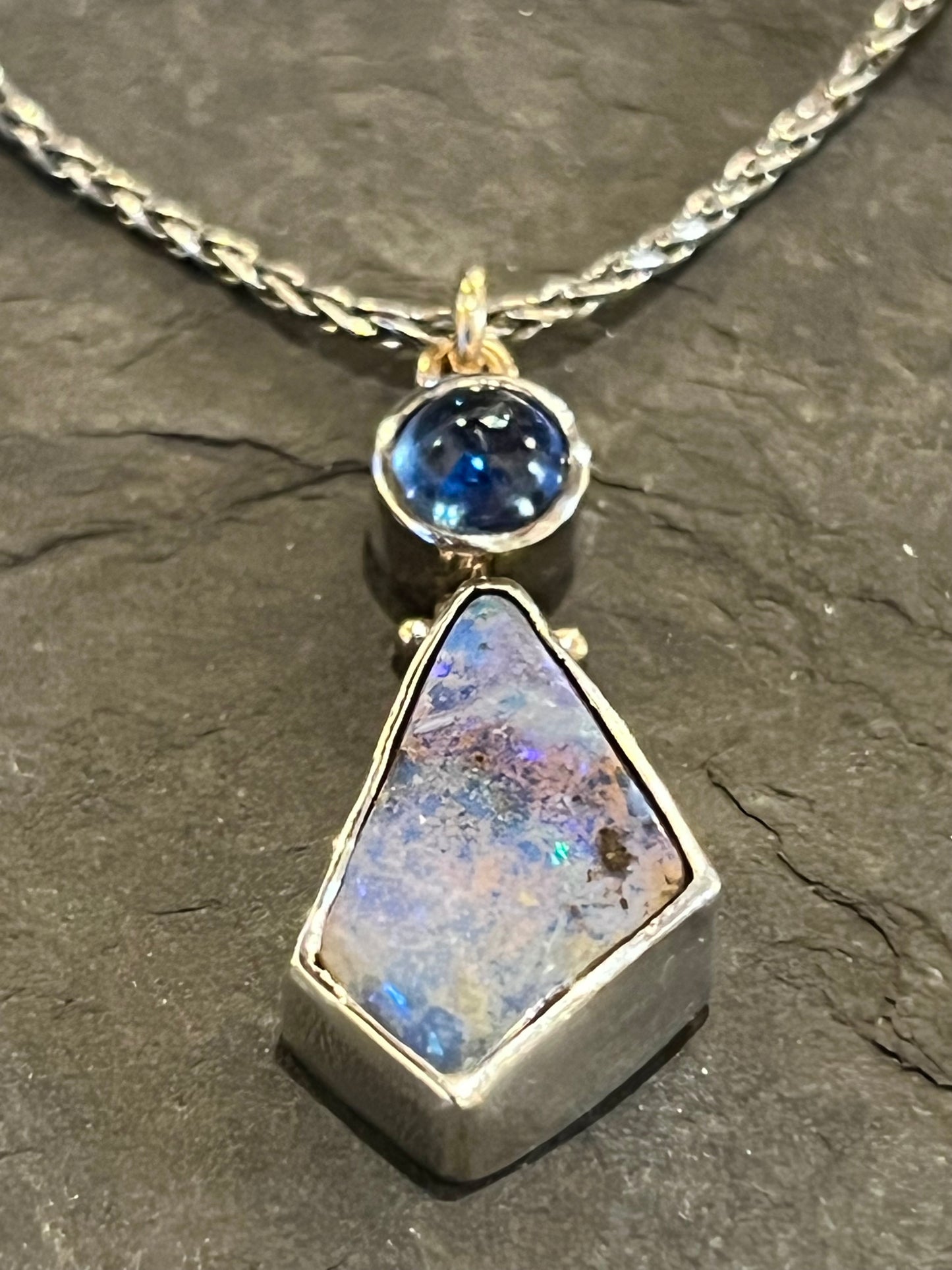 One of a Kind Sterling, 14K, Boulder Opal & Blue Kyanite Hinged Pendant