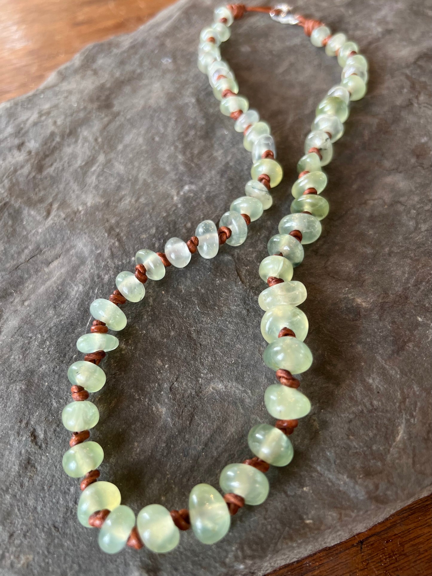 Misty Green Prehnite Knotted on Leather Unisex Necklace 19”