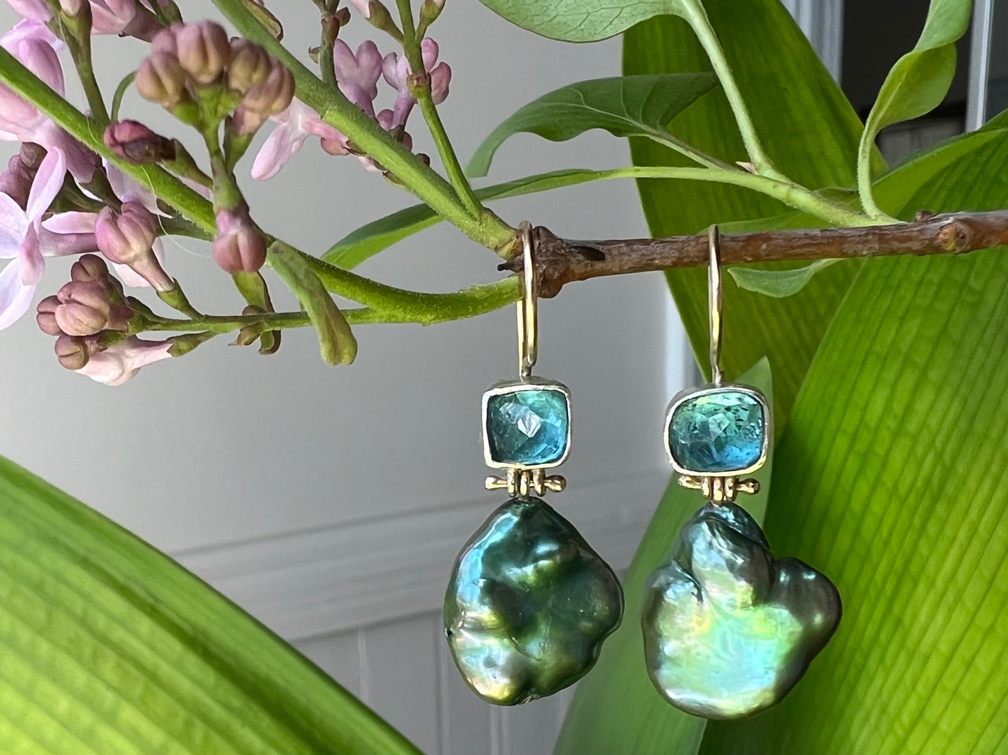 Blue Tourmaline & Green Freshwater Pearl Hinged One of a Kind Dangle Earrings 14K