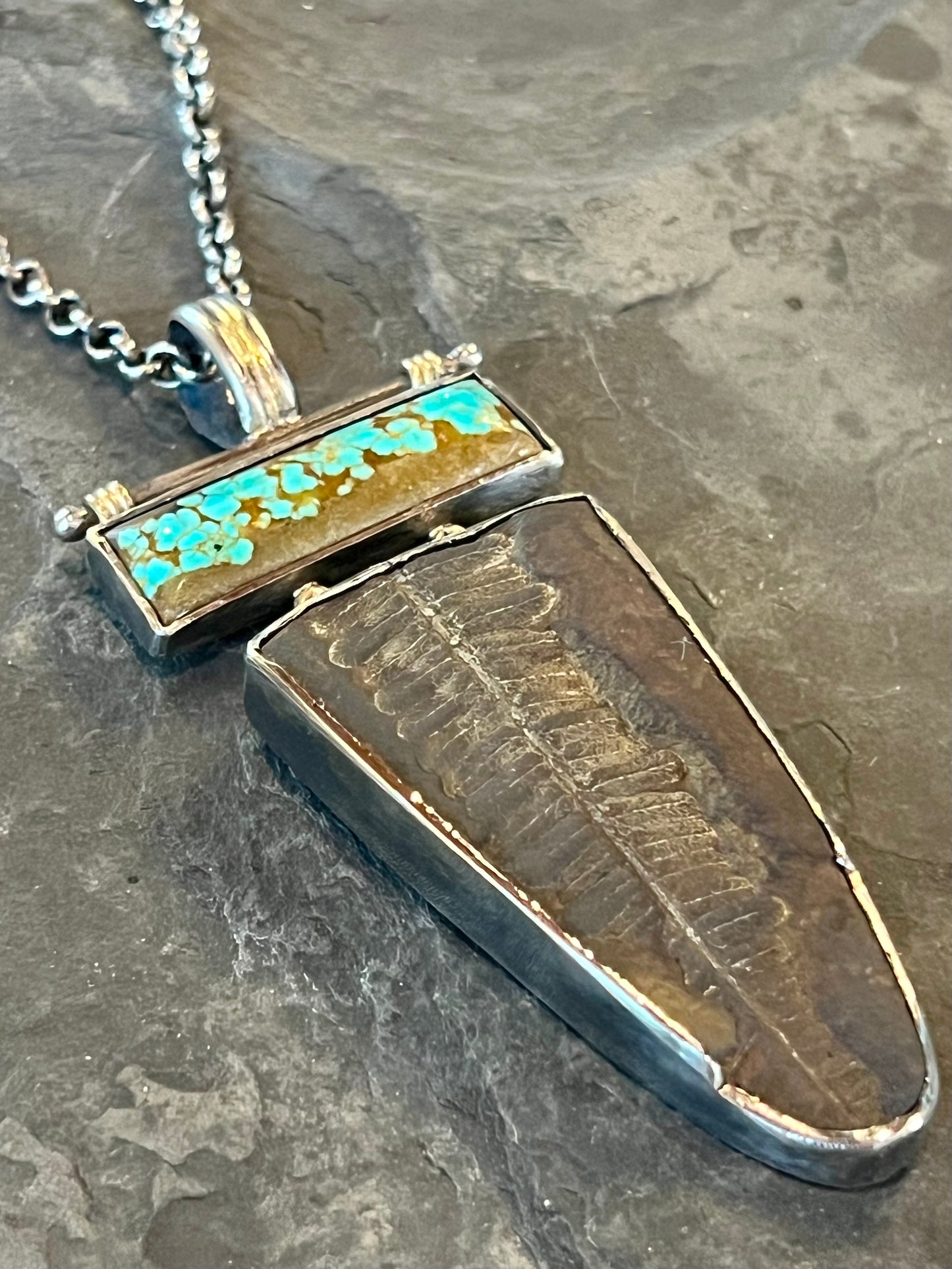 Mazon Creek Fern Fossil & Turquoise Sterling with 14K Unisex One of a Kind Necklace