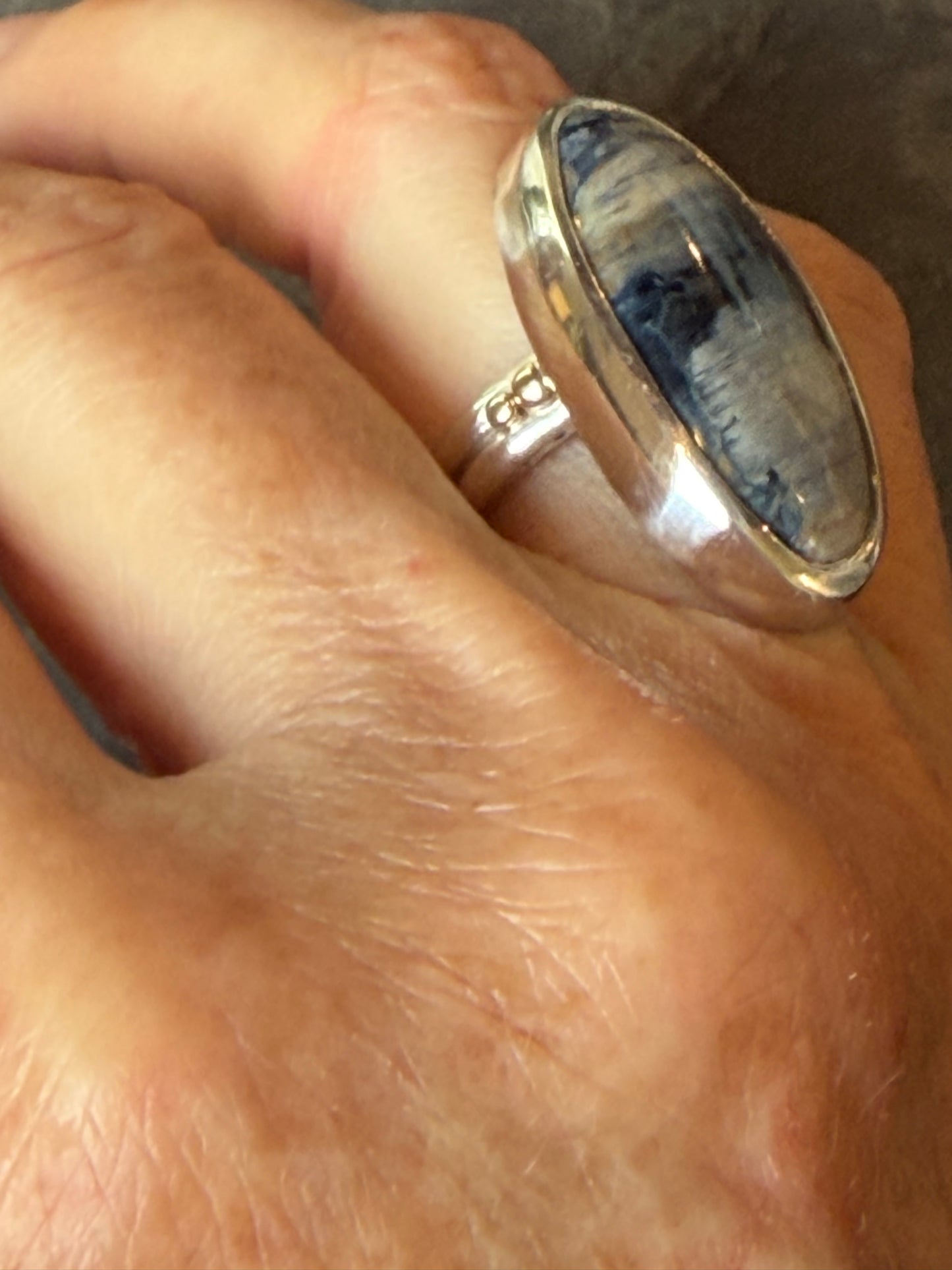 One of a Kind Grey Feather Jasper Ring in Sterling & 14K