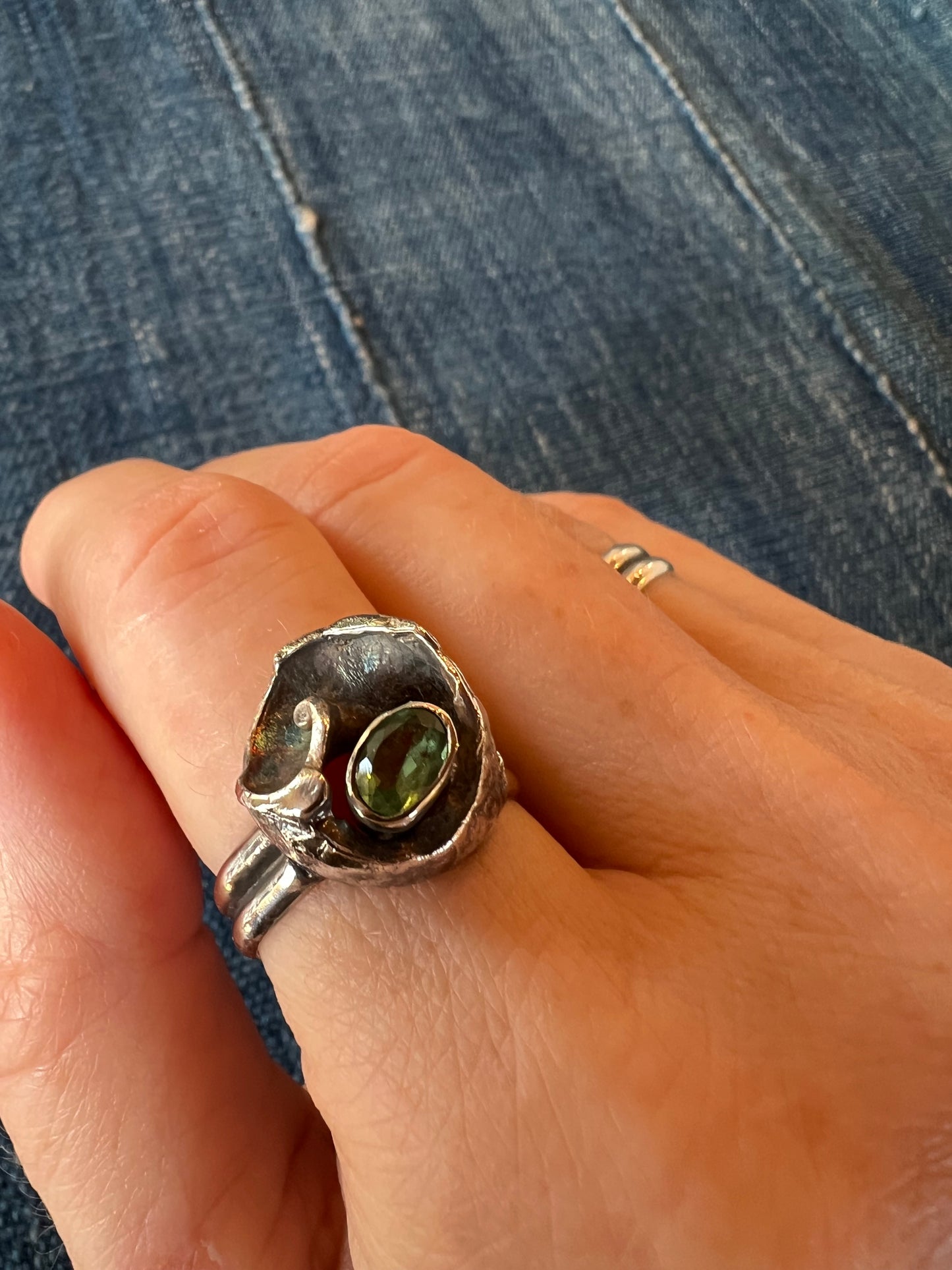 Oxidized Sterling Silver Conch Shell Fragment Ring with Misty Green Tourmaline - Salt Series - One of a Kind