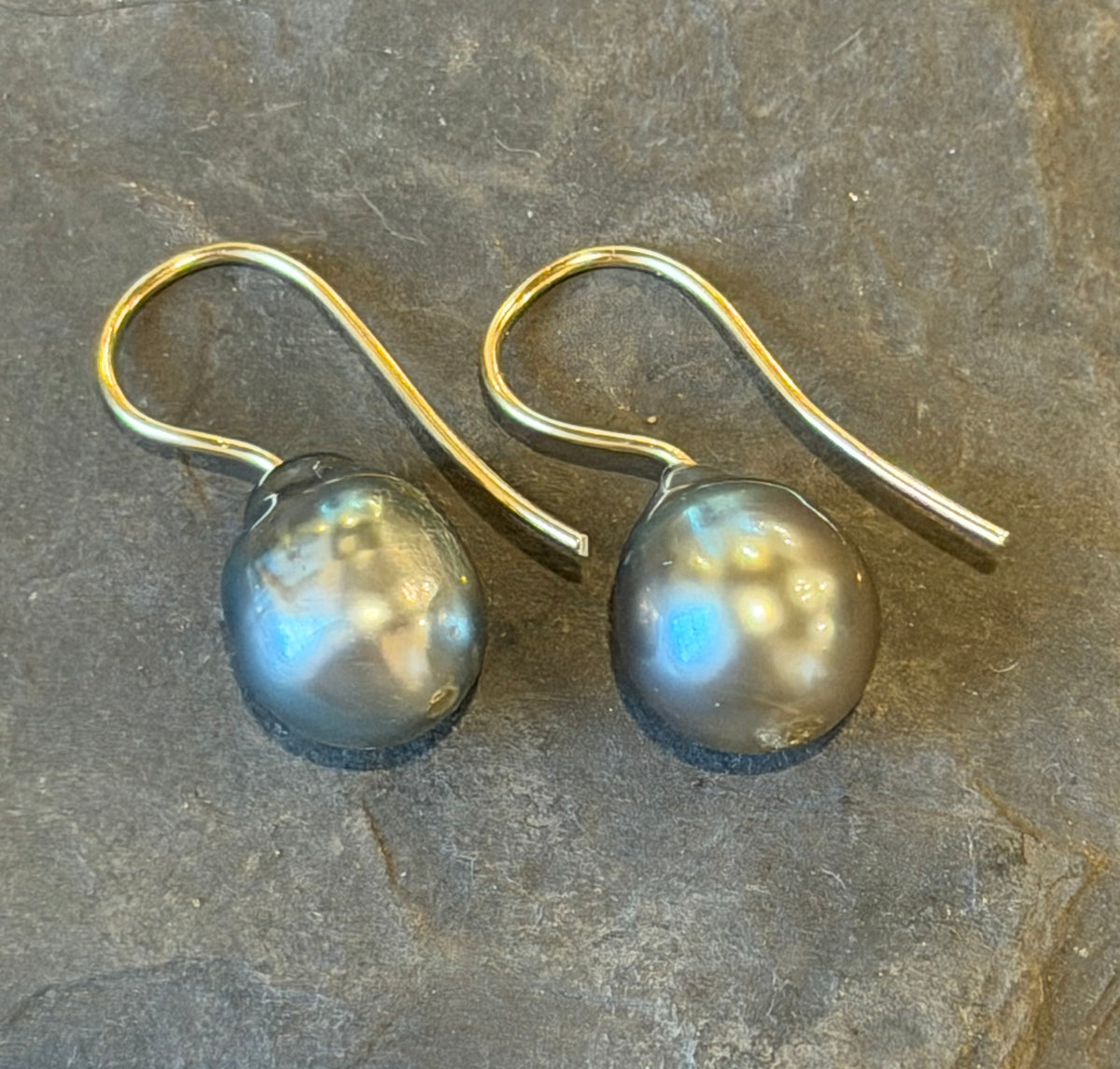 Smokey Blue High Luster Tahitian Pearl Minimalist Drop Earrings 14K