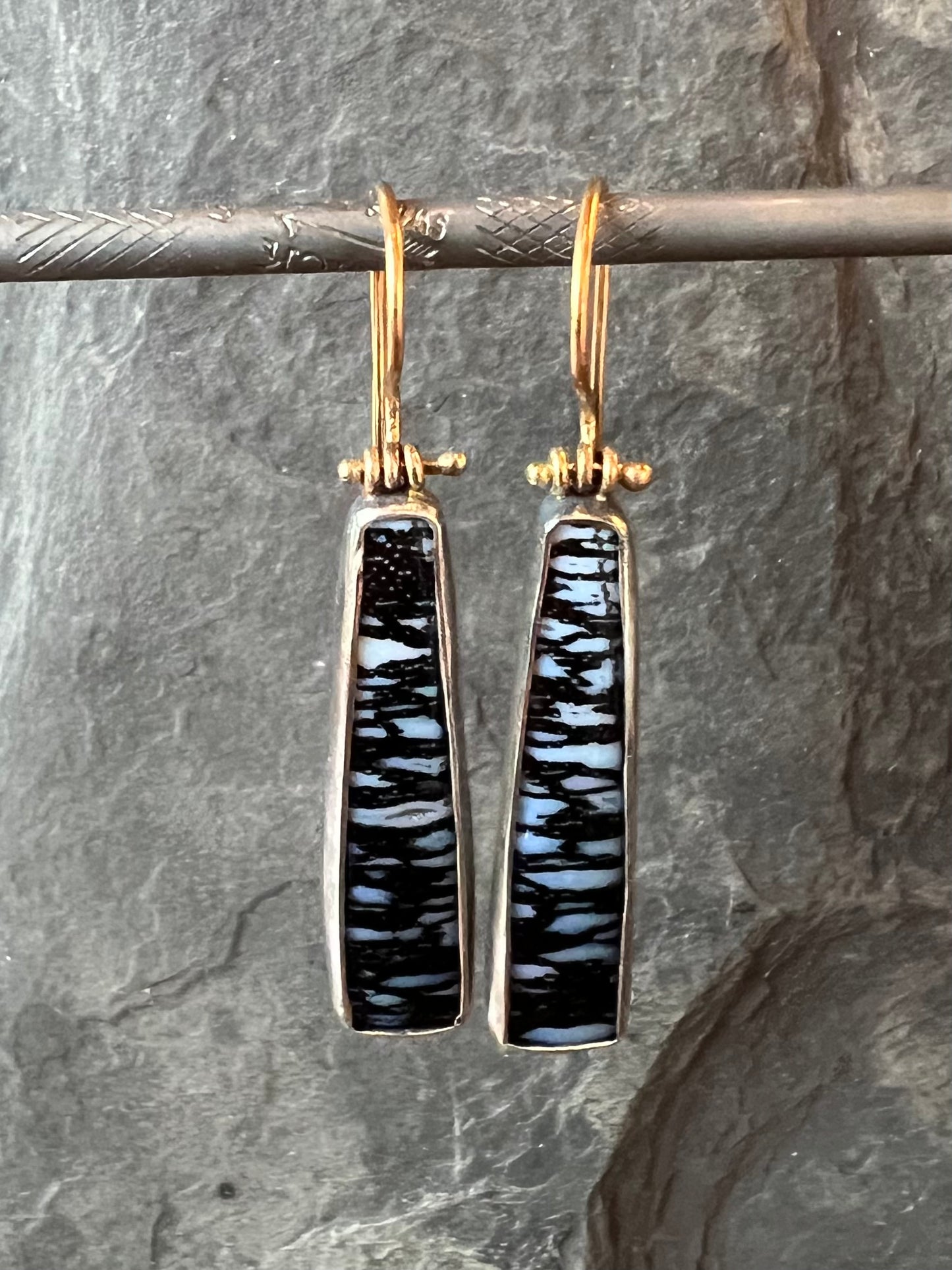 Blue Black Fossil Palm Sterling & 14K Hinged One of a Kind Earrings