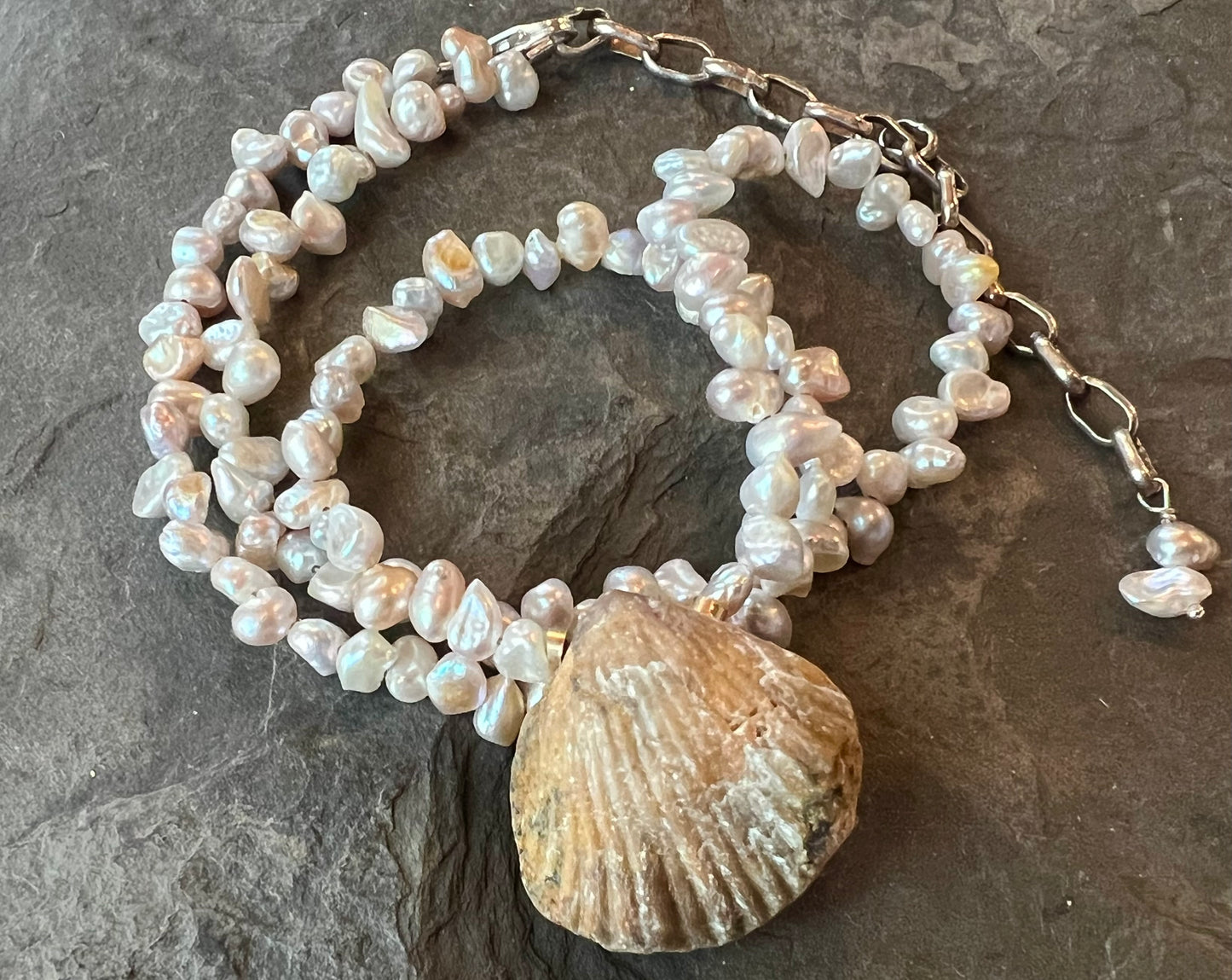 Clam Fossil & High Luster Fresh Water Pearl One of a Kind Necklace