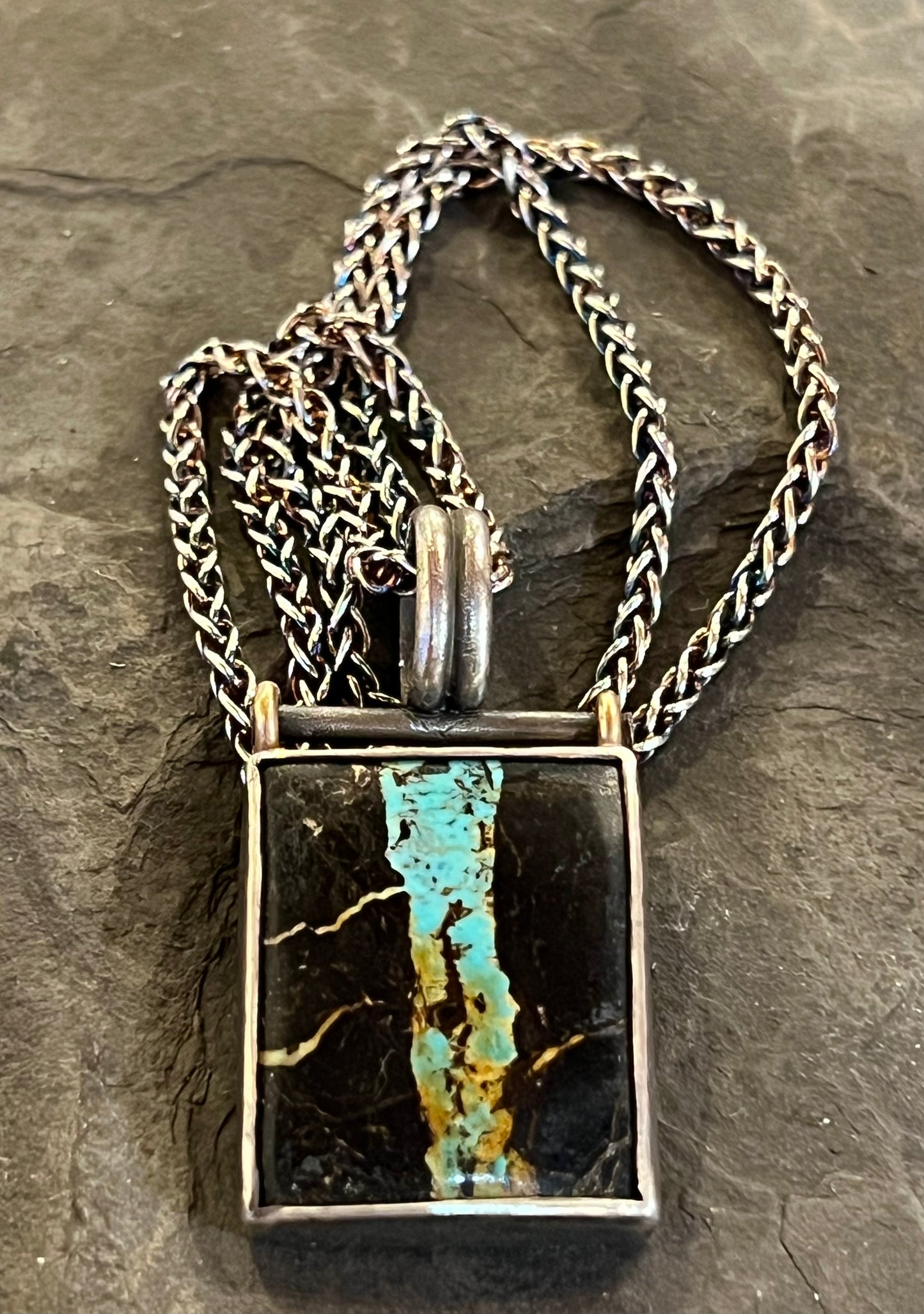 Black Jack Turquoise Sterling & 14K Hinged One of a Kind Pendant