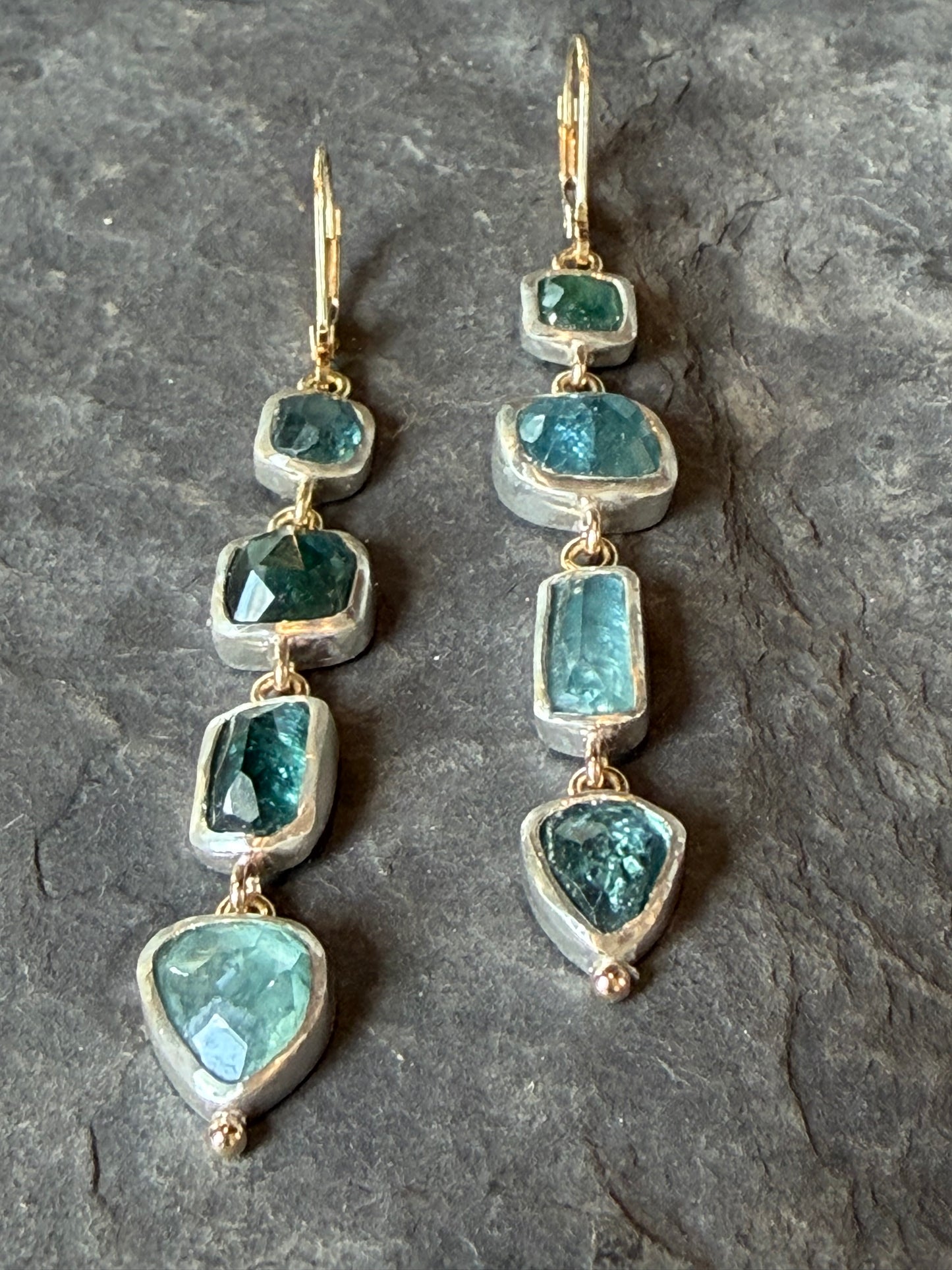 One of a Kind Rose Cut Blue & Green Tourmaline in Sterling & 14K Earrings