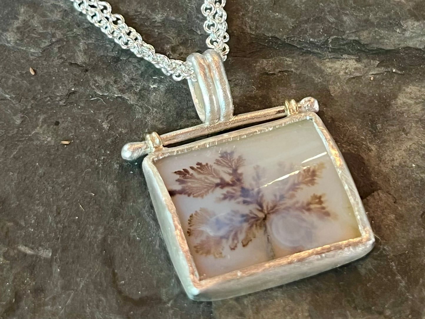 One of a Kind Dendritic Agate Hinged Sterling Silver Necklace with 14k Details, Spinel & Freshwater Pearl