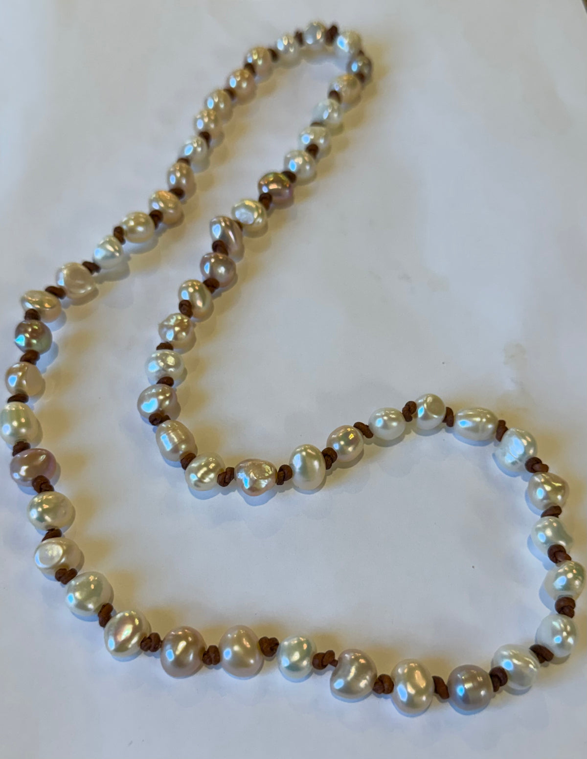 Freshwater High Luster Baroque Pearls Knotted on Leather Necklace 26”