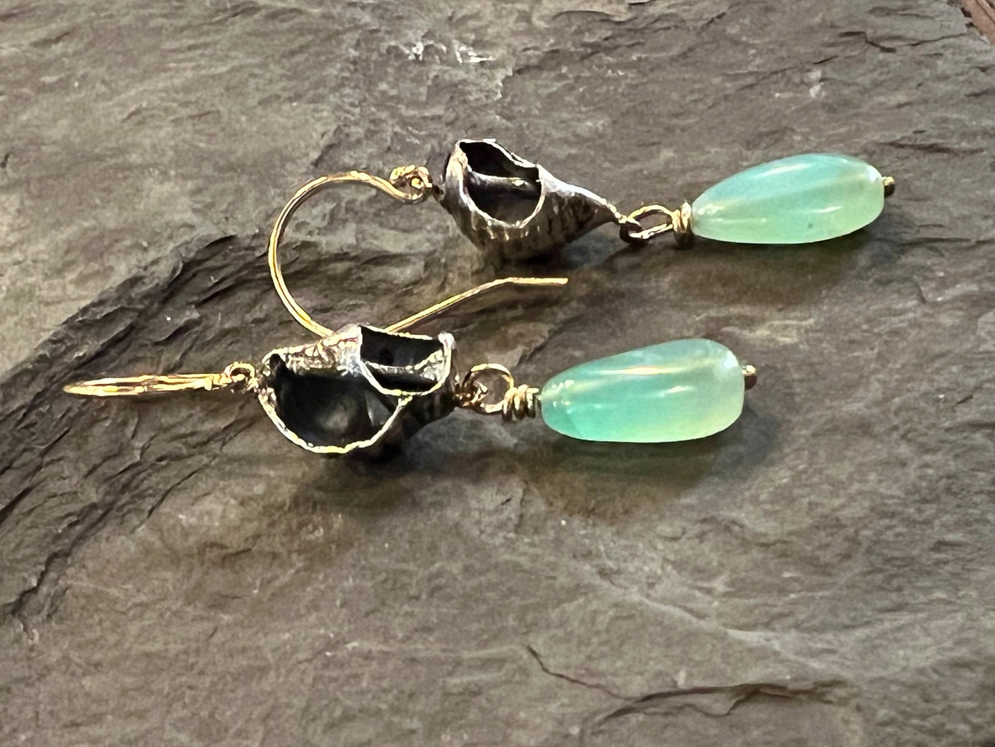 Ocean Inspired Oxidized Sterling & 14K Earrings with Peruvian Opal- Salt Series