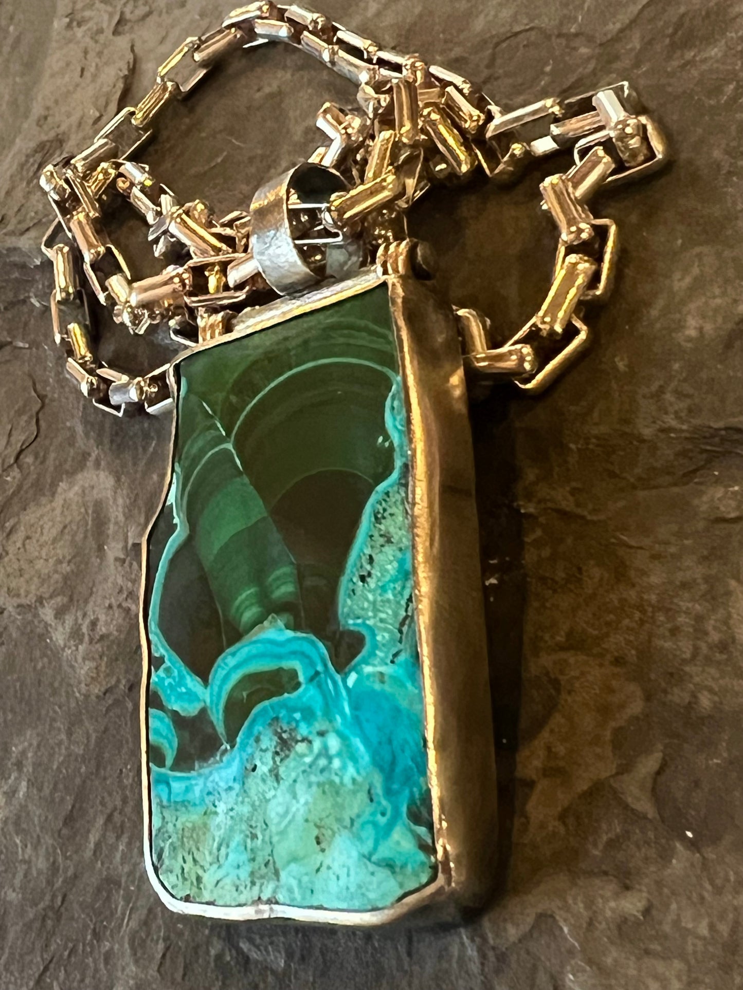 Azure-Malachite Hinged Unisex Necklace Sterling 14K - One of a Kind