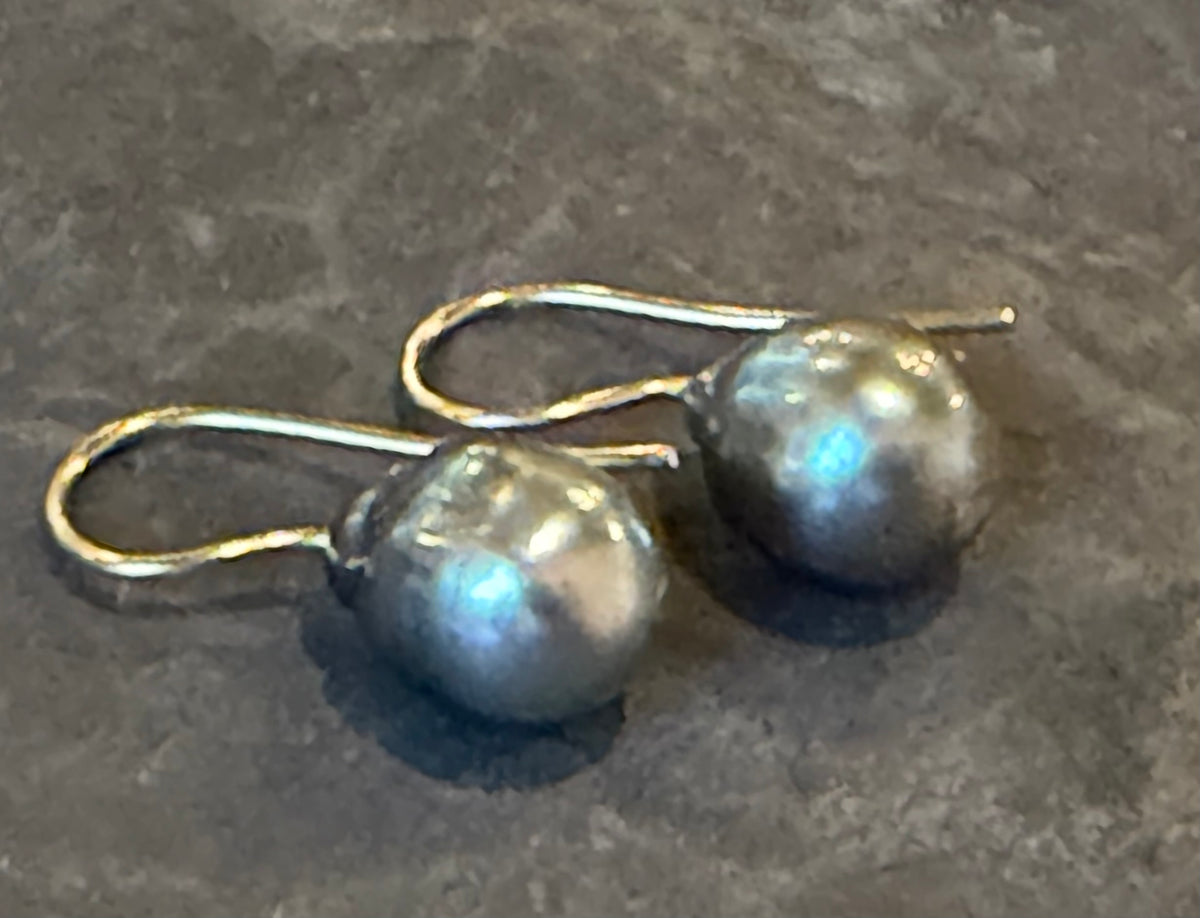 Smokey Blue High Luster Tahitian Pearl Minimalist Drop Earrings 14K