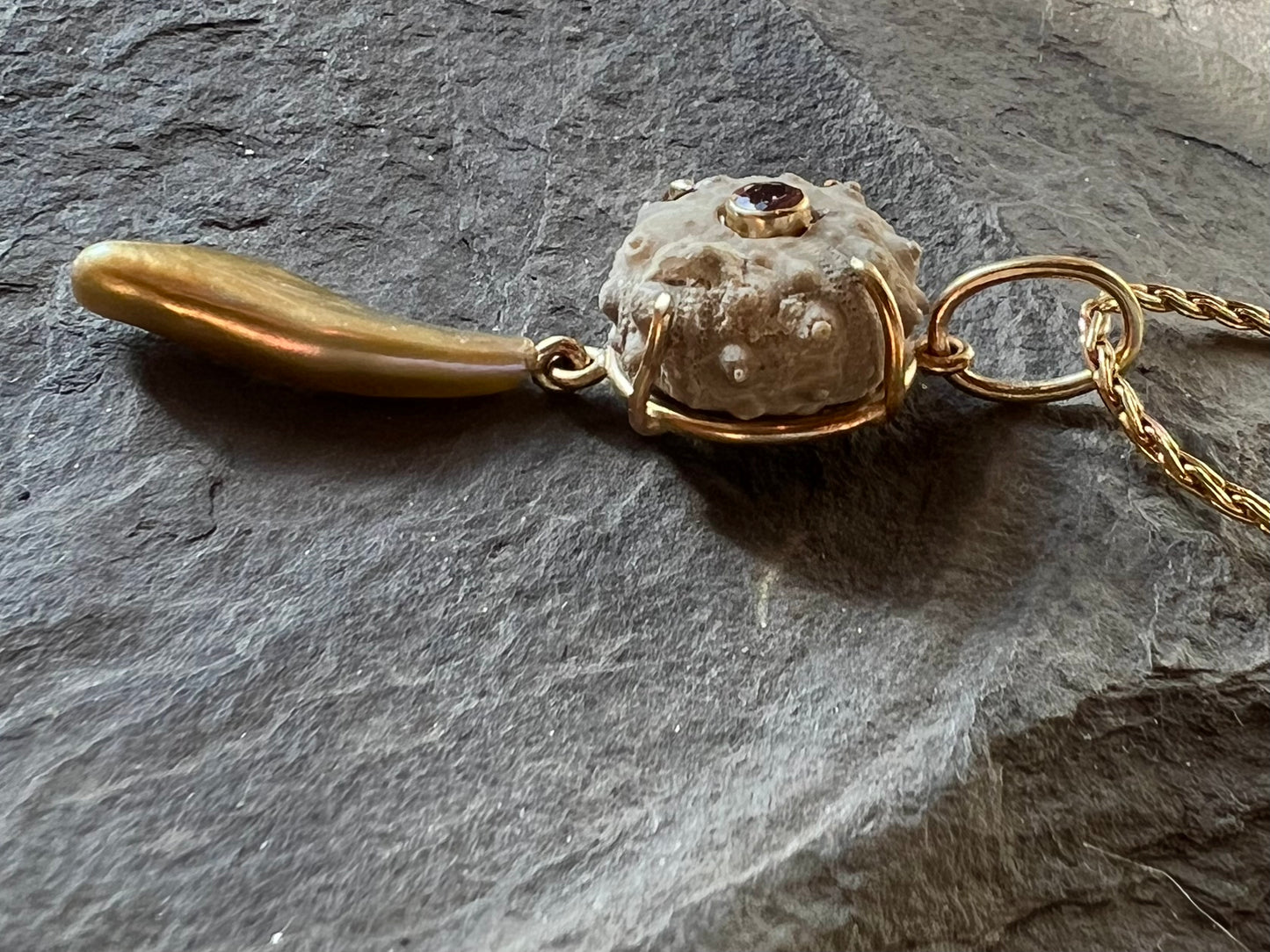 Fossil Sea Urchin in 14K with Tourmaline & Freshwater Pearl One of a Kind Pendant - Salt Series