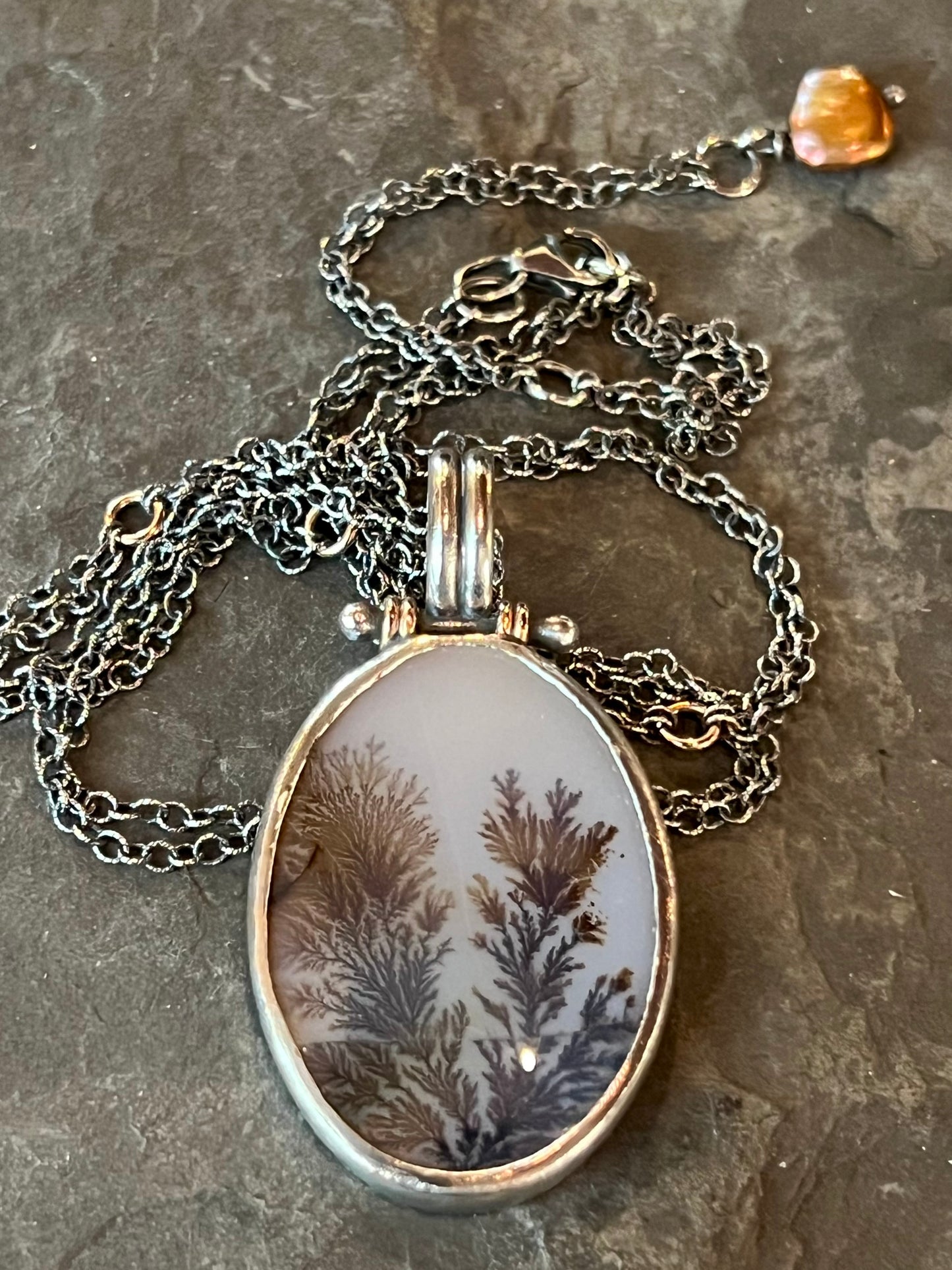 One of a Kind Dendritic Agate Hinged Sterling Silver Necklace with 14k Rose Gold Accents