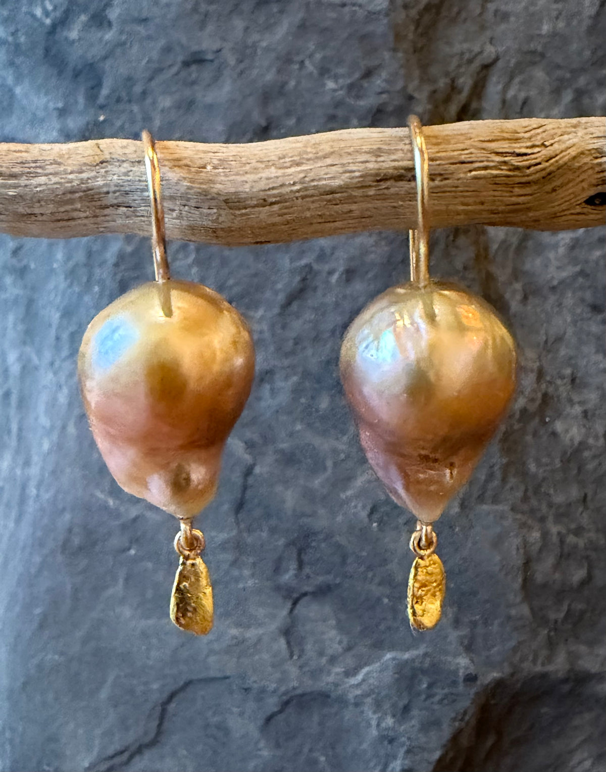 Bronze High Luster Baroque Pearl & 24K Gold Nugget One of a Kind Drop Statement Earrings