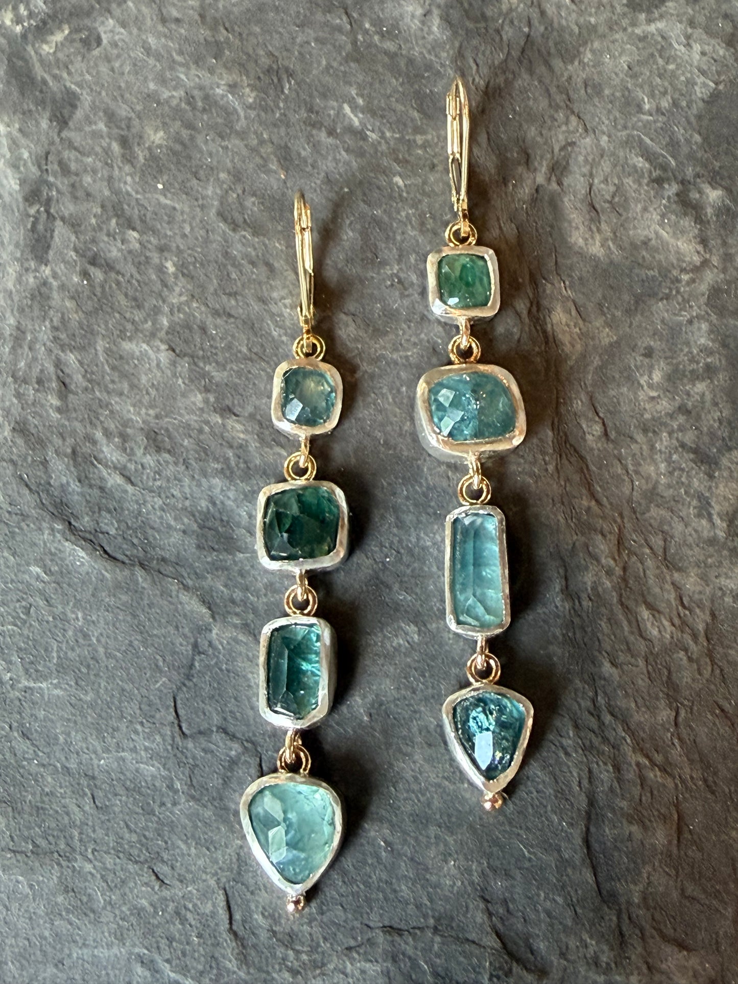 One of a Kind Rose Cut Blue & Green Tourmaline in Sterling & 14K Earrings