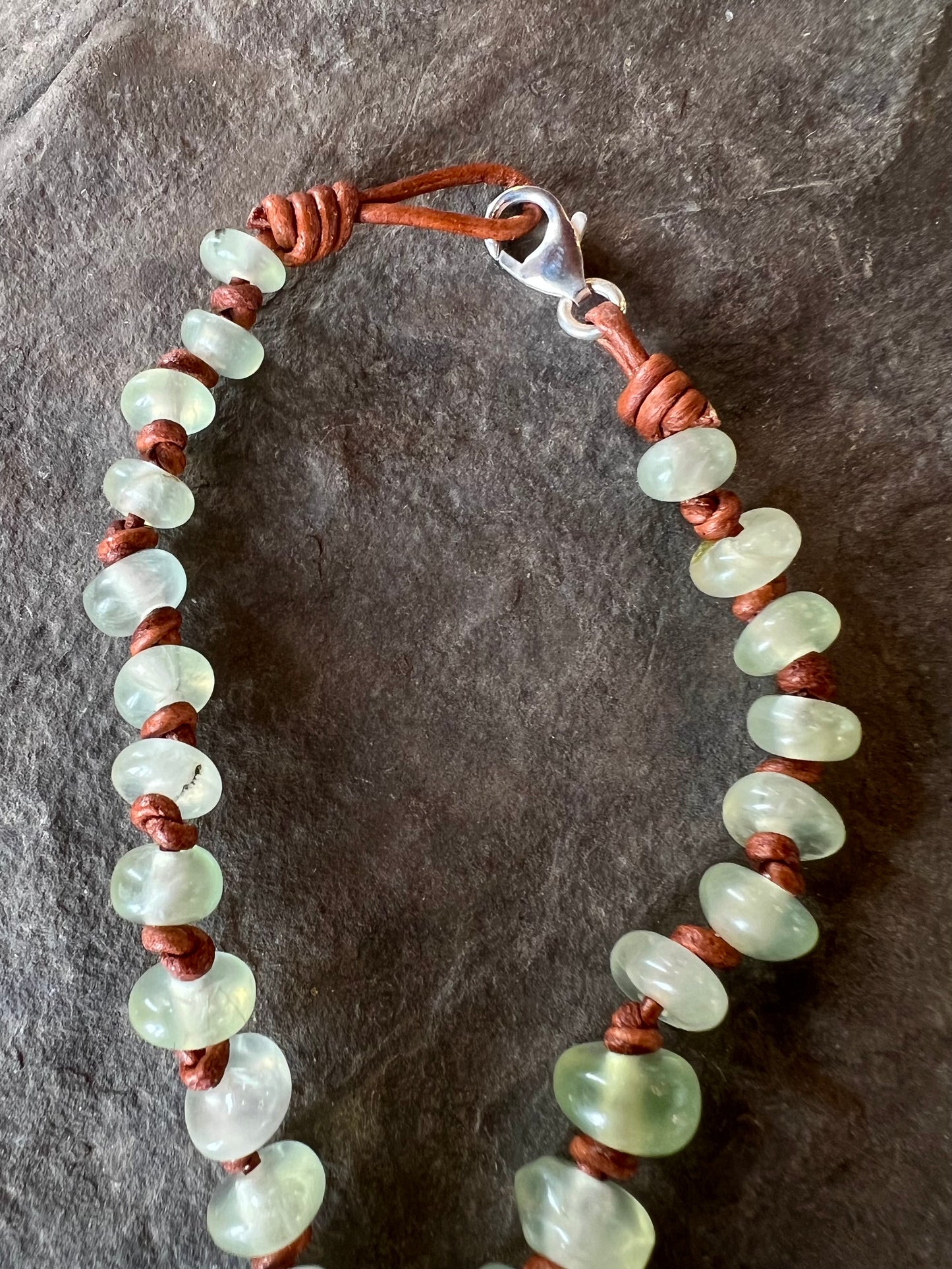 Misty Green Prehnite Knotted on Leather Unisex Necklace 19”