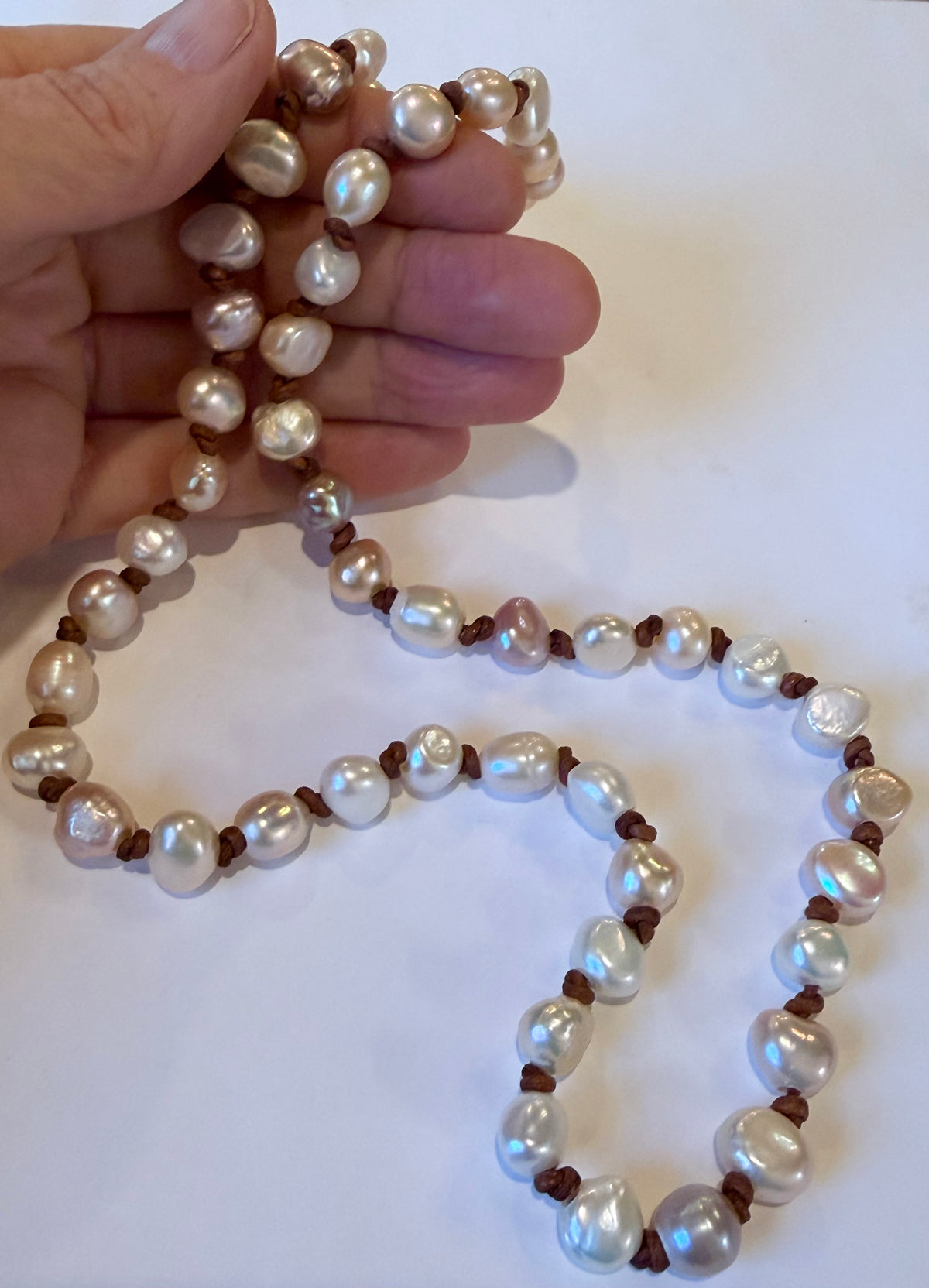 Freshwater High Luster Baroque Pearls Knotted on Leather Necklace 26”