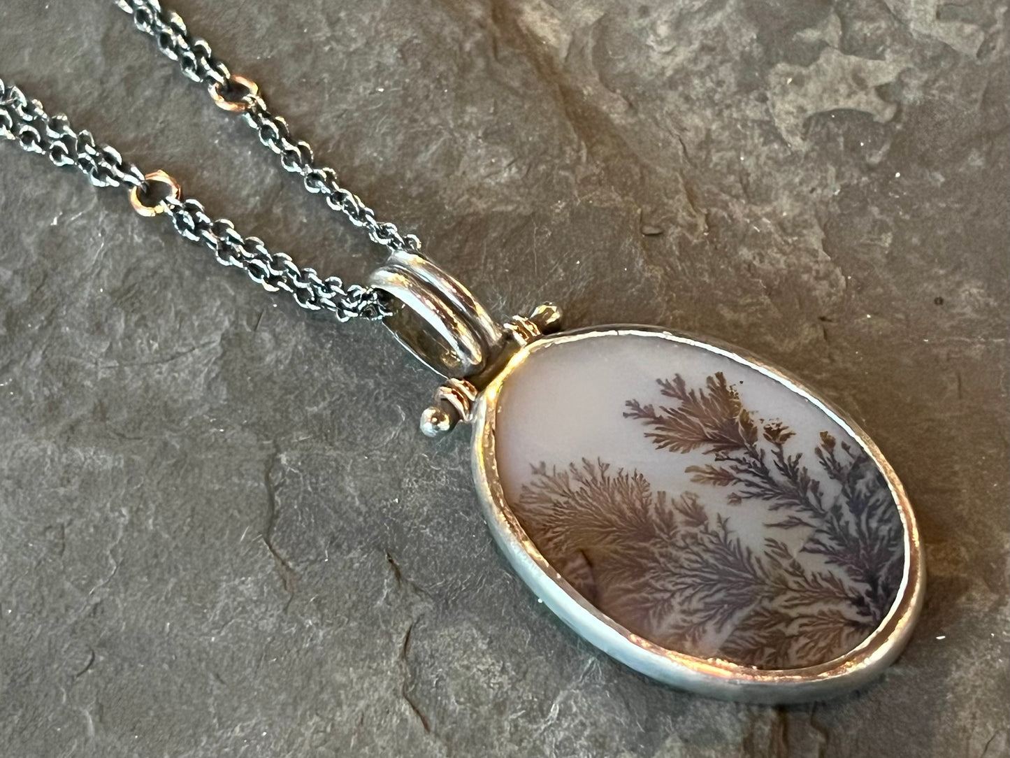 One of a Kind Dendritic Agate Hinged Sterling Silver Necklace with 14k Rose Gold Accents