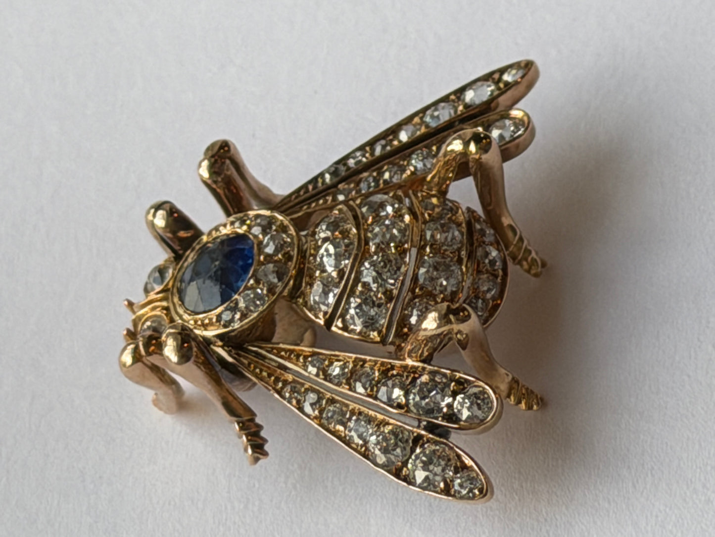 Estate Victorian Etruscan Revival Cicada 18K YG Blue Spinel Mine Cut Diamond Pendant