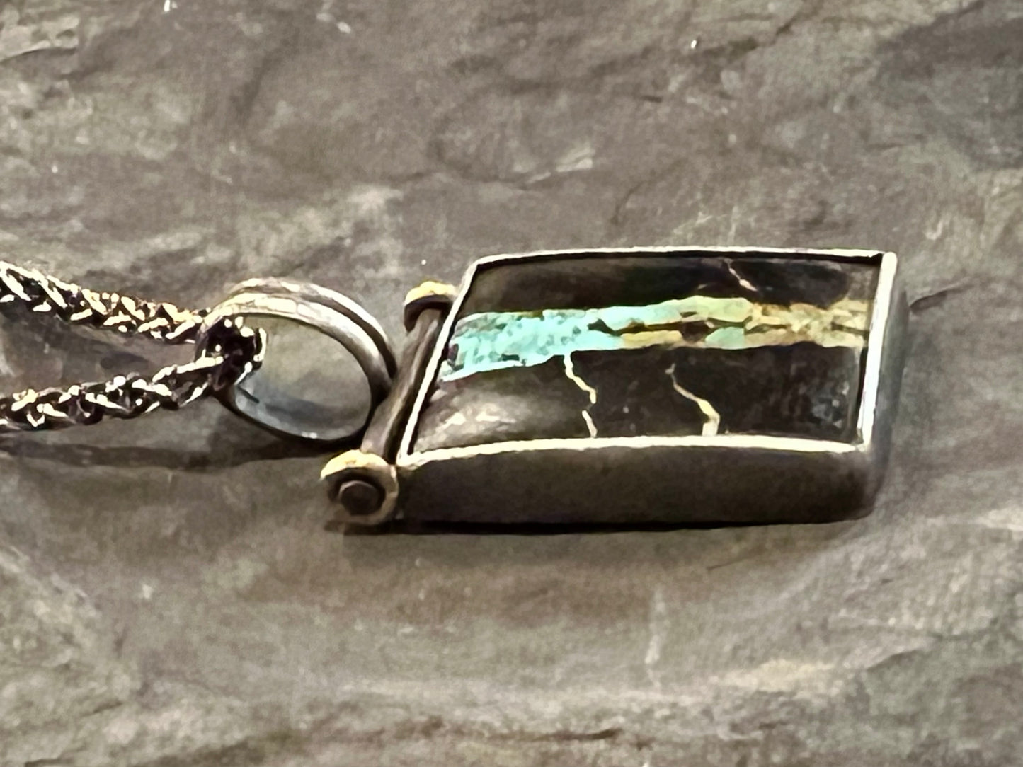 Black Jack Turquoise Sterling & 14K Hinged One of a Kind Pendant