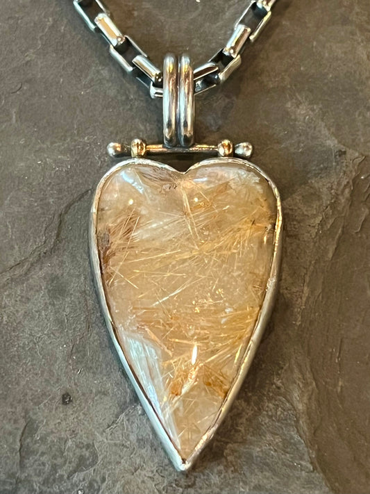 One of a Kind Golden Rutilated Quartz Sterling Silver & 14K Hinged Heart Necklace- Crooked Little Heart