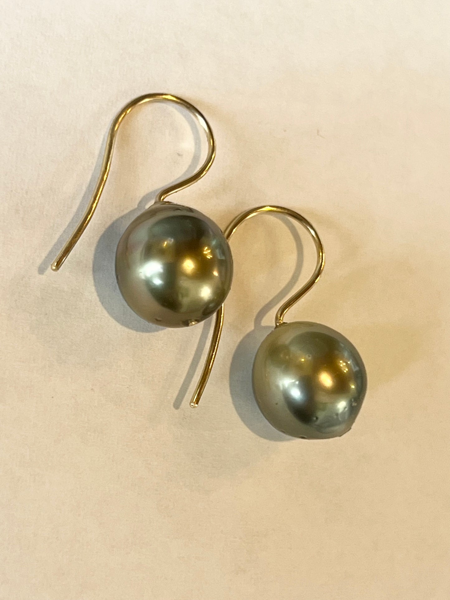 Pistachio Gray Green Tahitian Pearl 14K Minimalist Drop Earrings