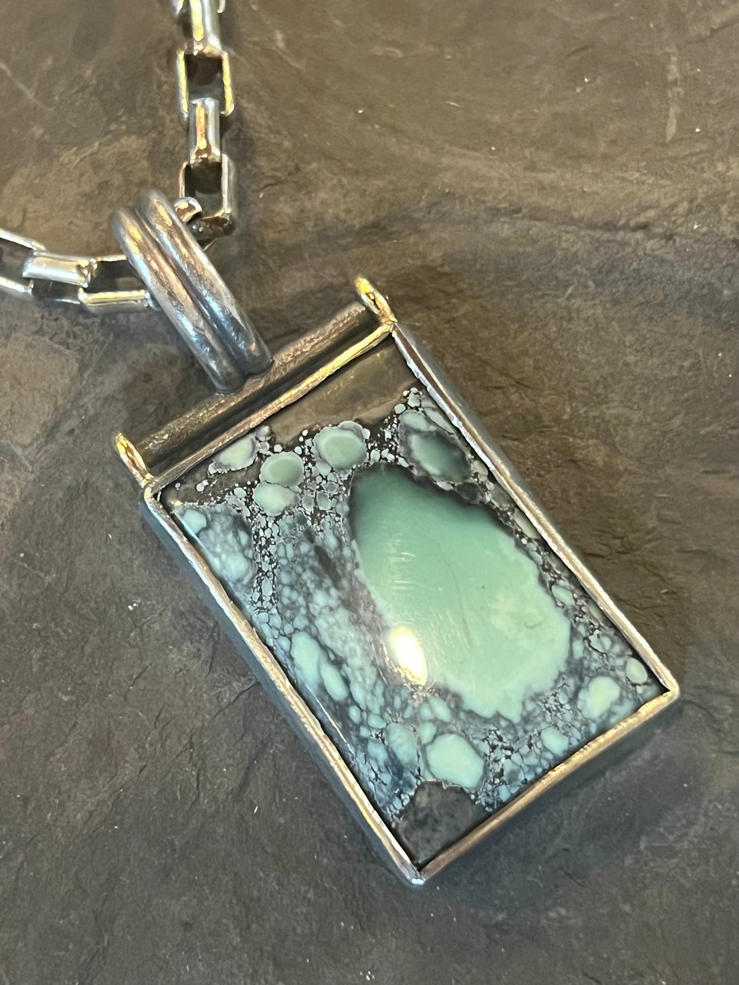 Star Fox Variscite in distressed oxidized Sterling Silver & 14K Gold Hinged One of a Kind Unisex Pendant