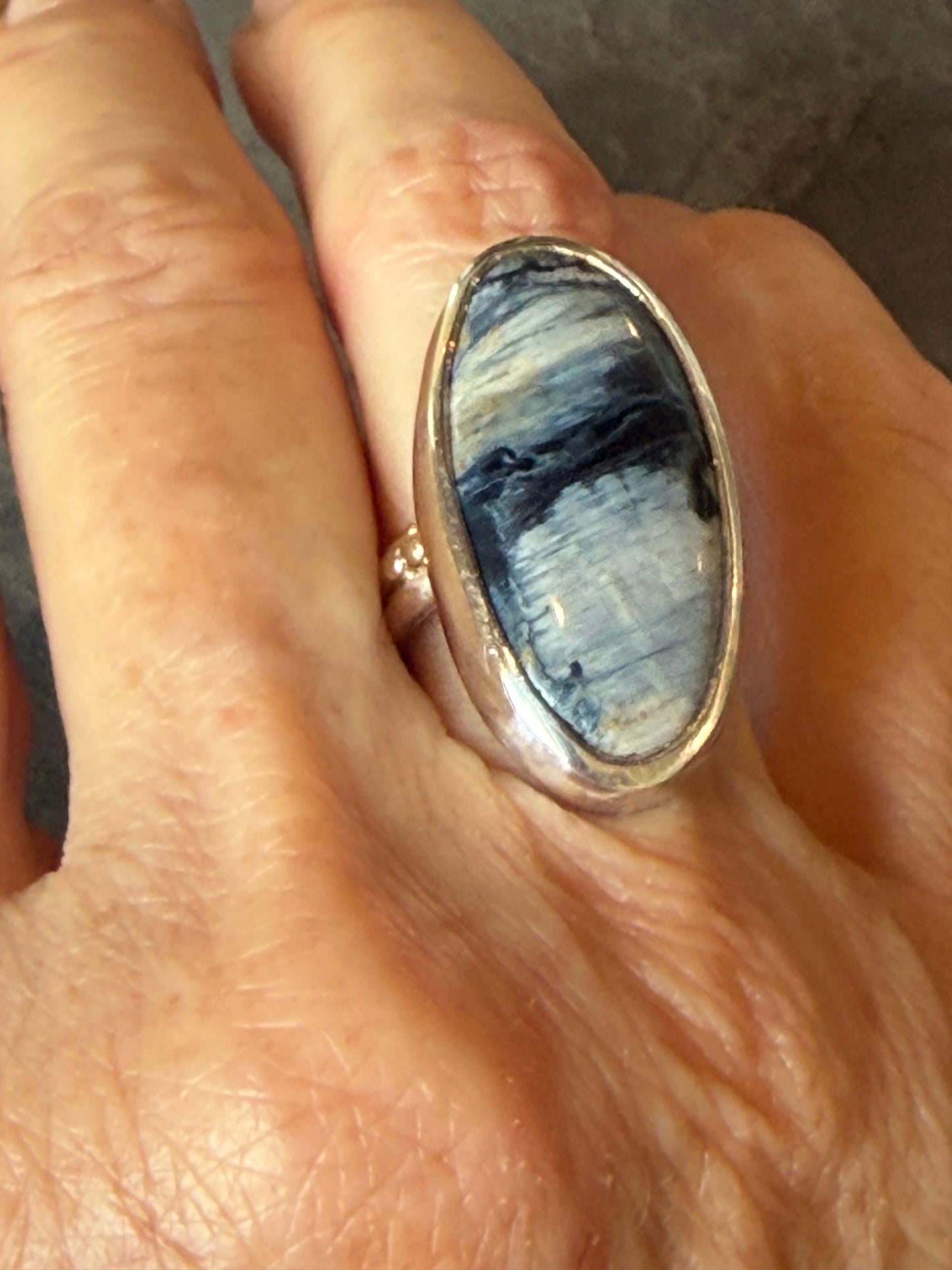One of a Kind Grey Feather Jasper Ring in Sterling & 14K