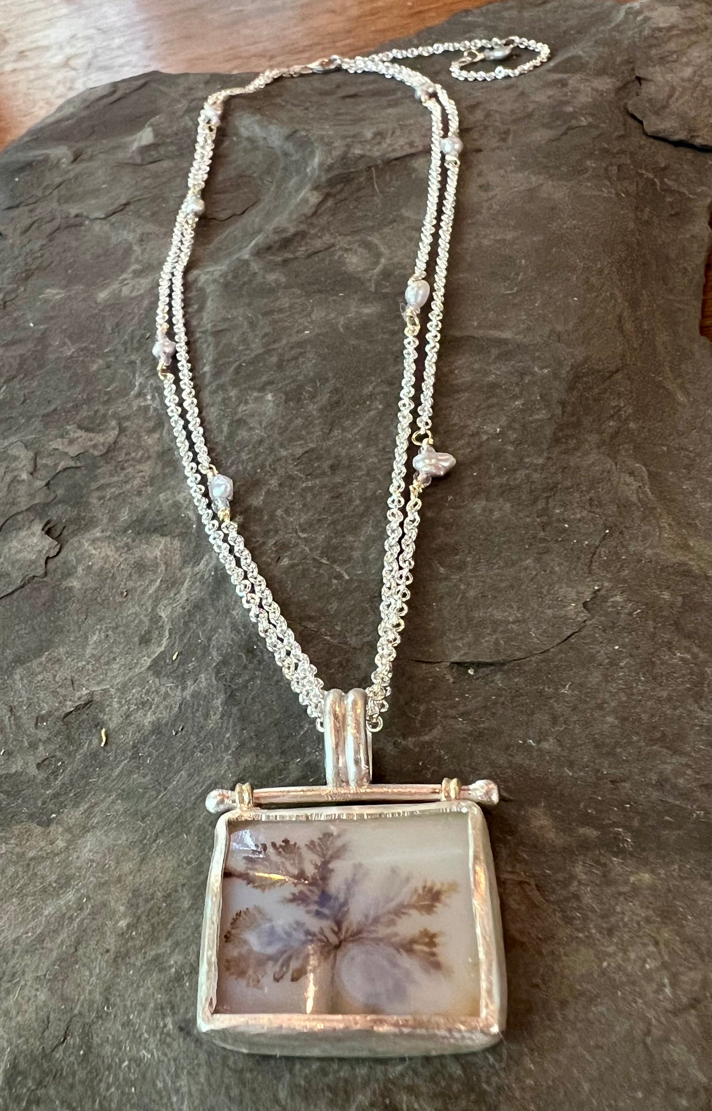 One of a Kind Dendritic Agate Hinged Sterling Silver Necklace with 14k Details, Spinel & Freshwater Pearl