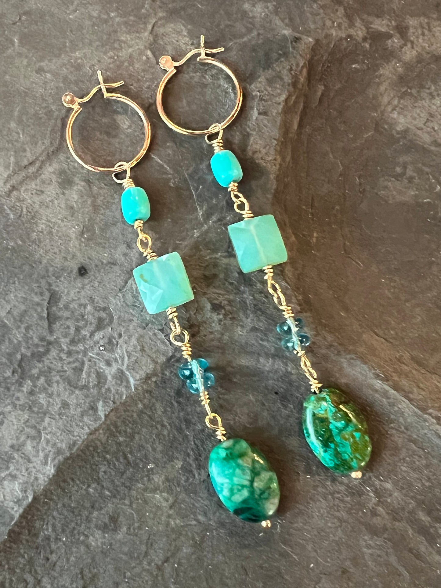 14K Mini Hoop with Long Green Gemmy Dangle - One of a Kind Earrings