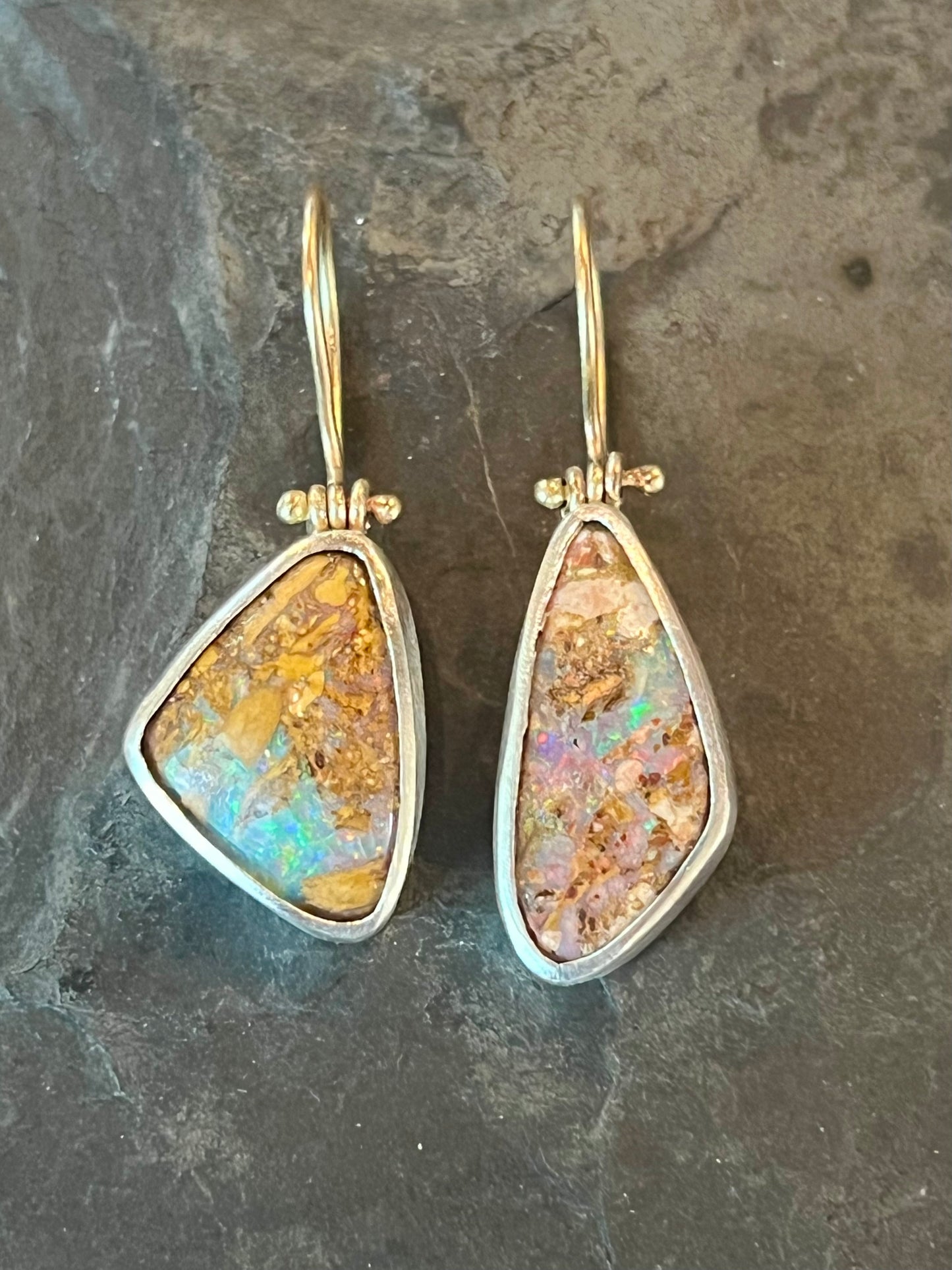 Australian Pipe Opal Hinged Sterling Silver & 14K Drop Earrings- One of a Kind