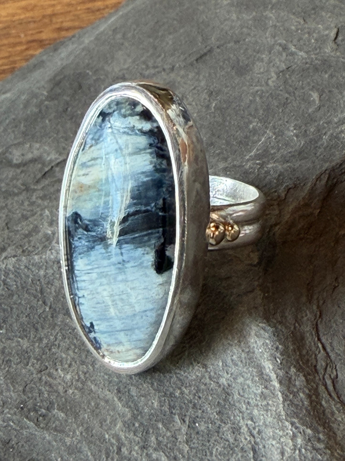 One of a Kind Grey Feather Jasper Ring in Sterling & 14K